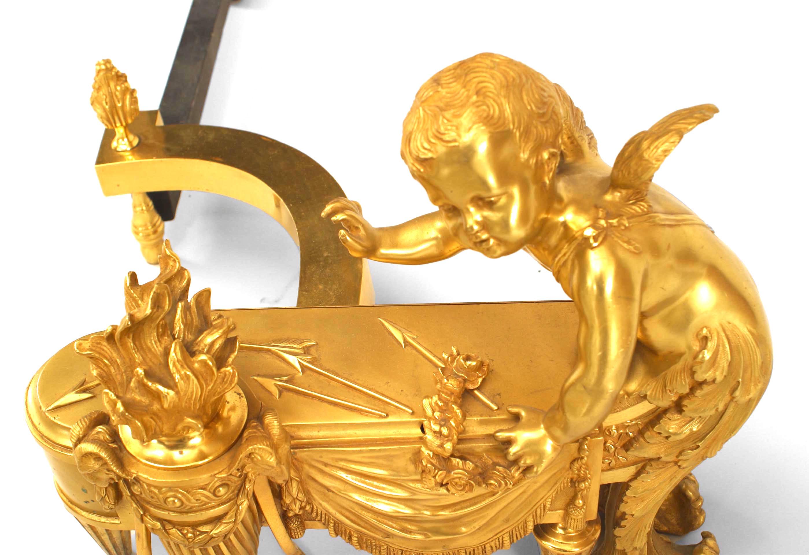 Pair of Louis XVI Bronze Cupid Andirons In Good Condition For Sale In Queens, NY