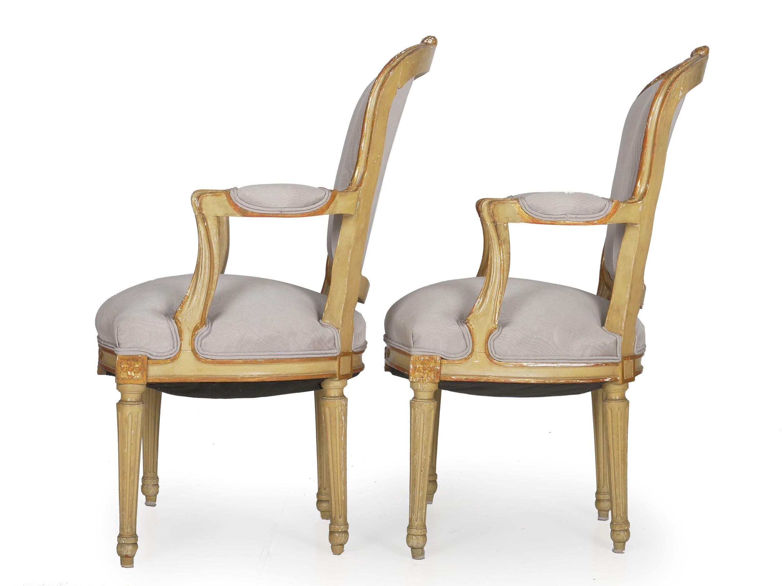 French Louis XVI Style Antique Distressed Painted Armchairs, 19th Century, Pair In Good Condition In Shippensburg, PA