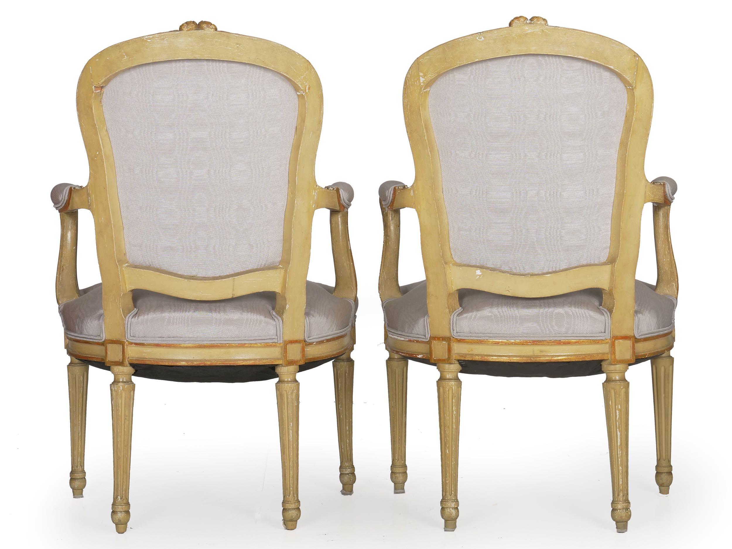 Fabric French Louis XVI Style Antique Distressed Painted Armchairs, 19th Century, Pair