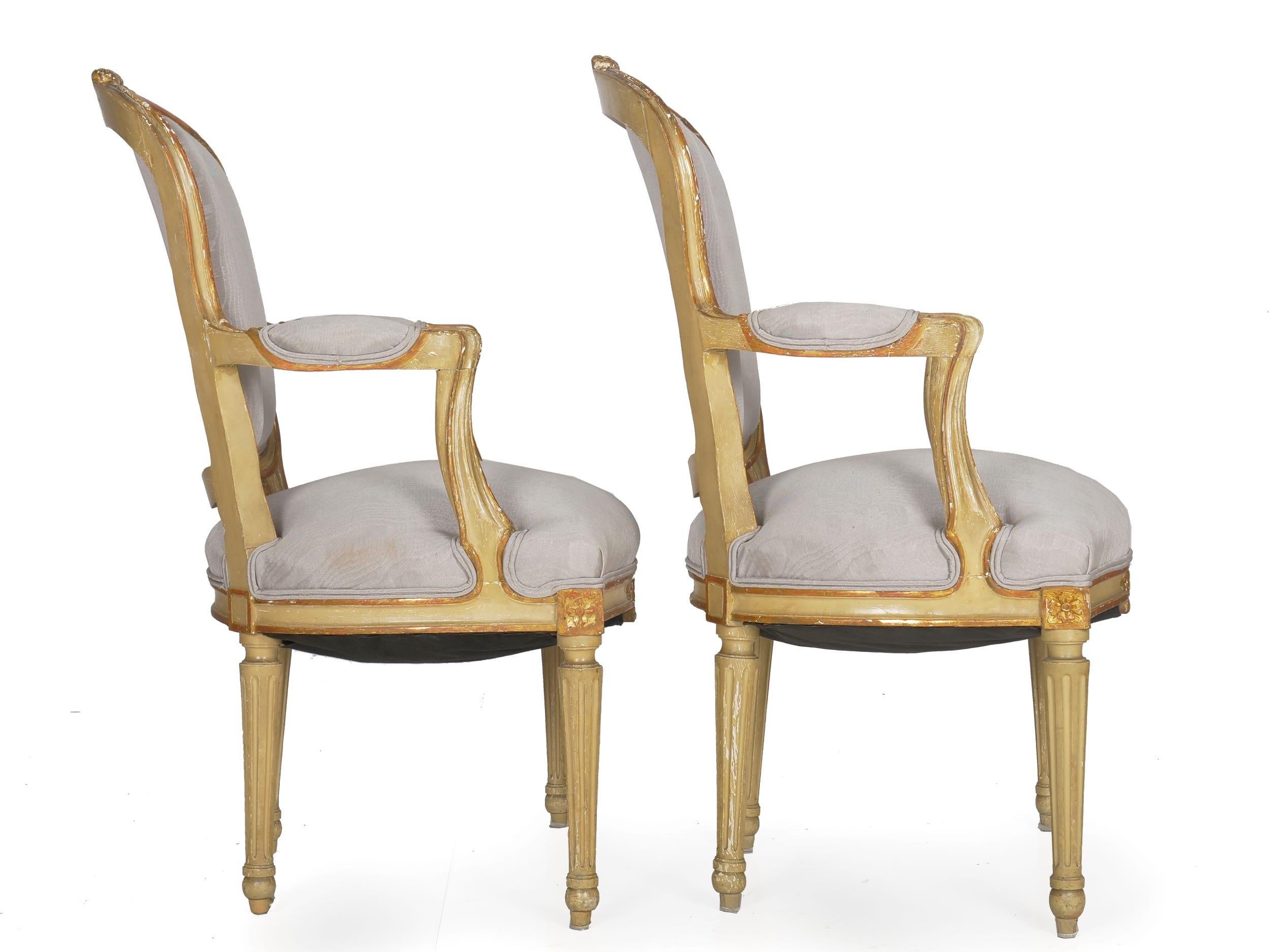 French Louis XVI Style Antique Distressed Painted Armchairs, 19th Century, Pair 1