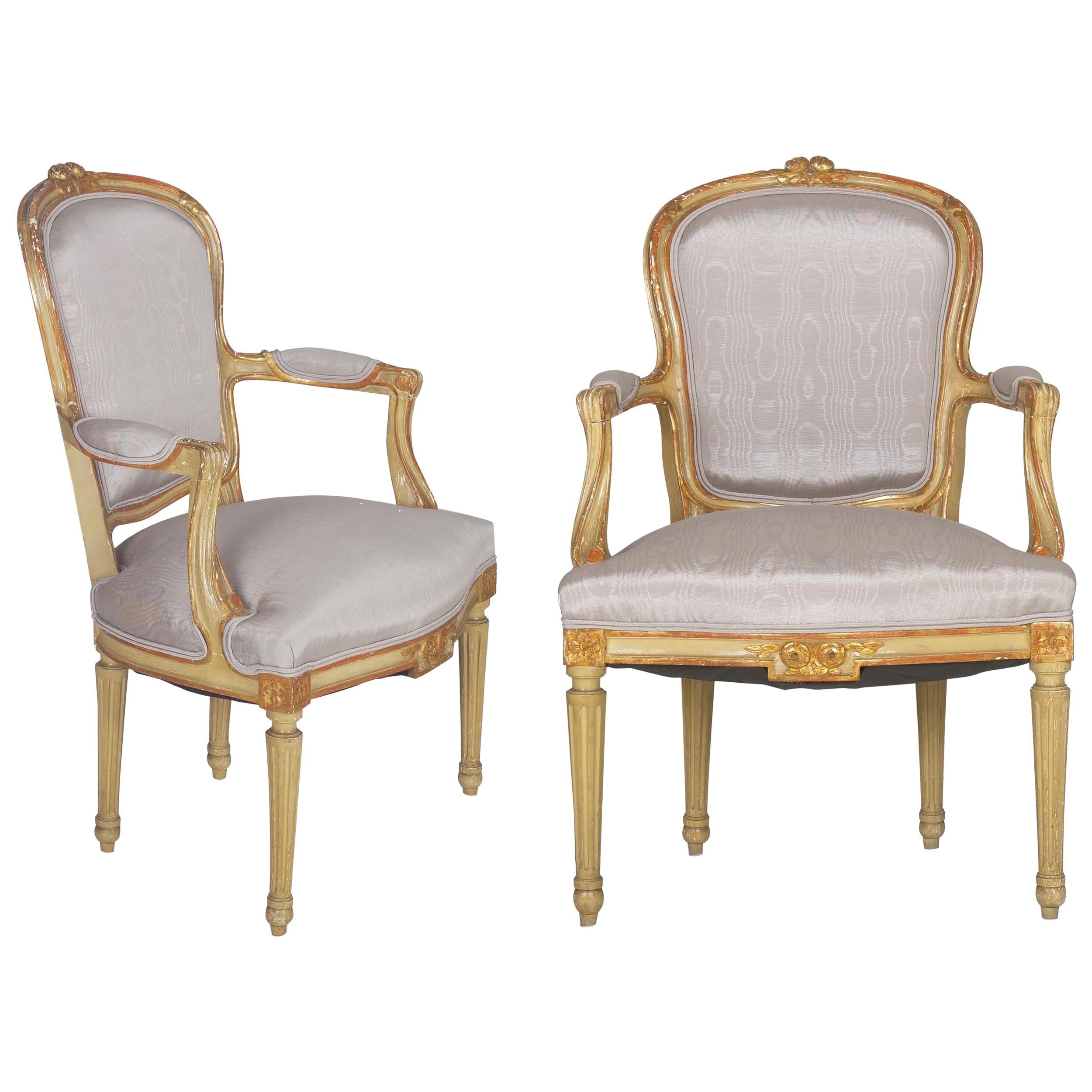 French Louis XVI Style Antique Distressed Painted Armchairs, 19th Century, Pair