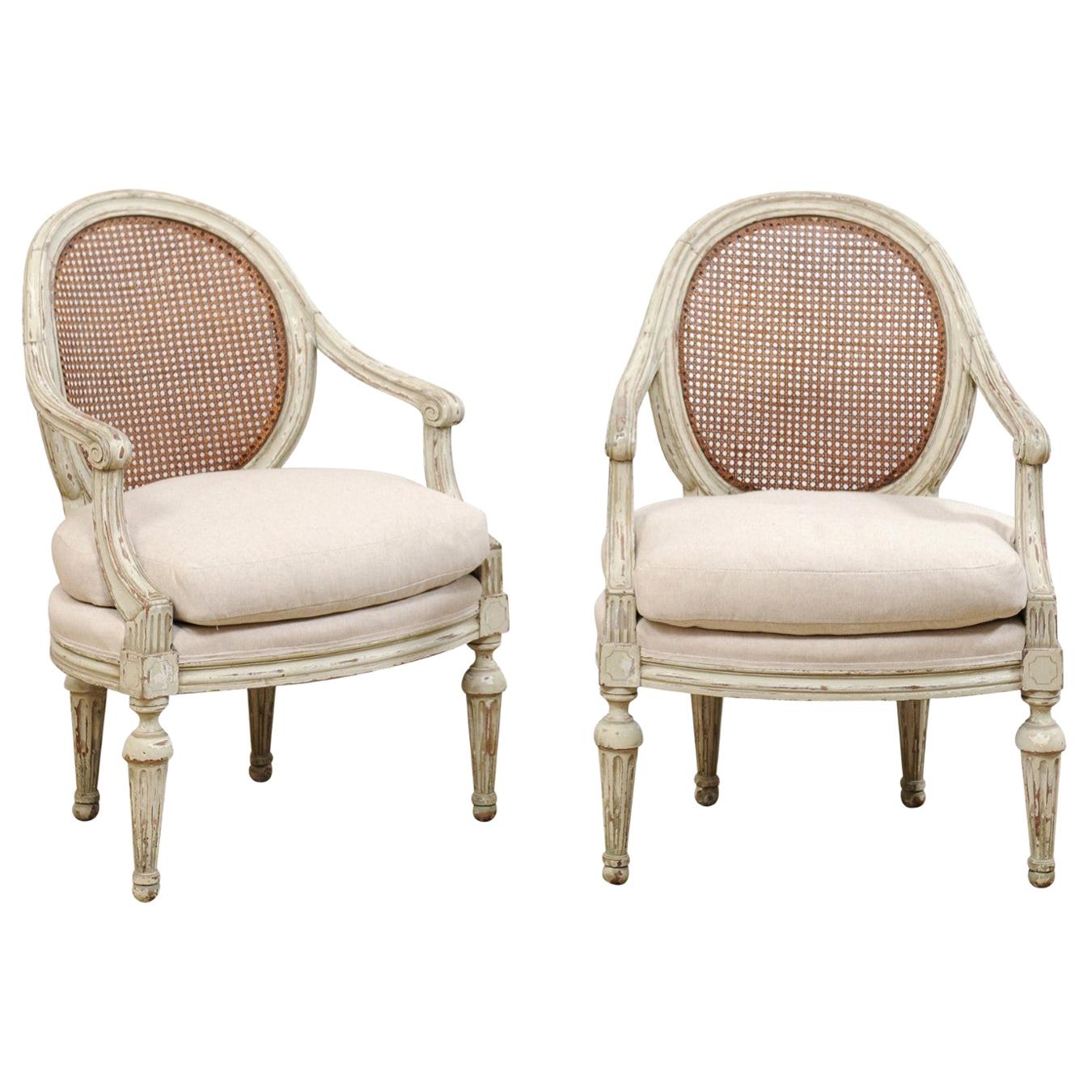 Pair of French Louis XVI Style Armchairs with Caned Backs and Upholstered Seats