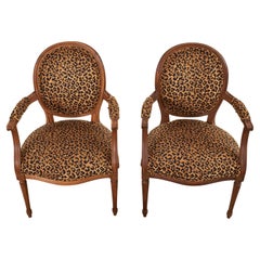 Antique Pair of French Louis XVI Style Armchairs with Leopard Print