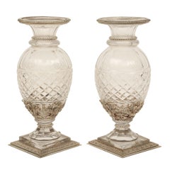 Pair of French Louis XVI Style Baccarat Cut Crystal and Silvered Bronze Vases