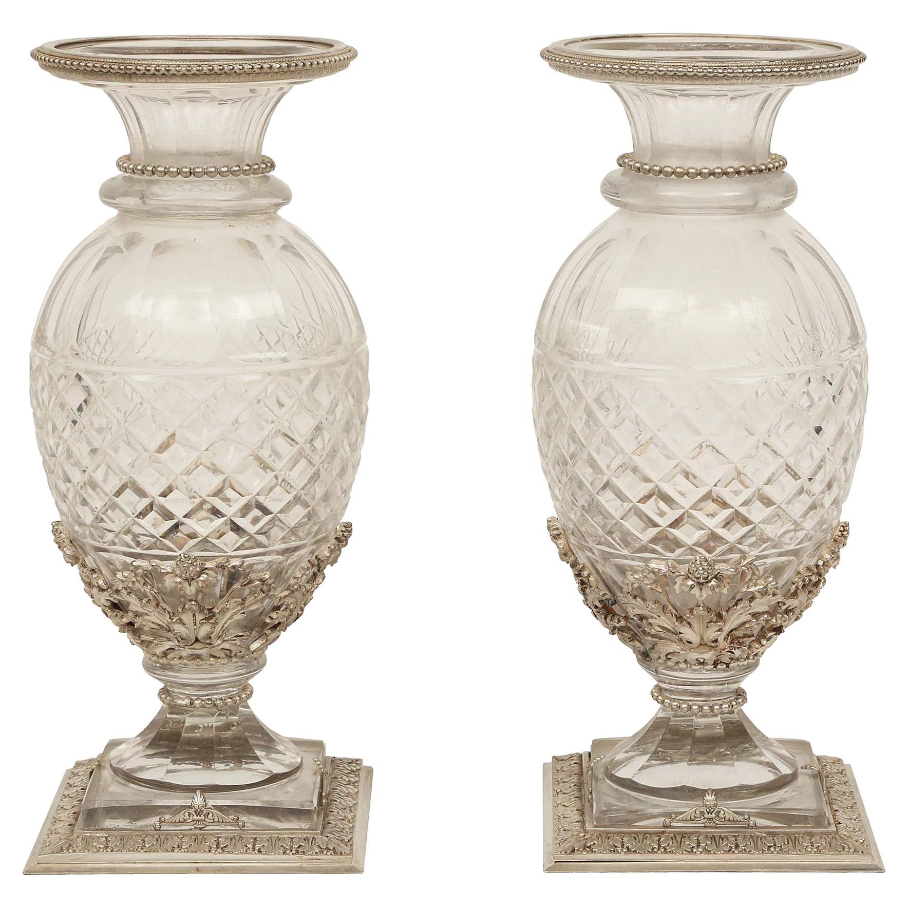 Pair of French Louis XVI Style Baccarat Cut Crystal and Silvered Bronze Vases For Sale
