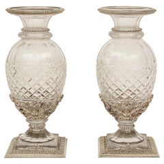 Pair of French Louis XVI Style Baccarat Cut Crystal and Silvered Bronze Vases