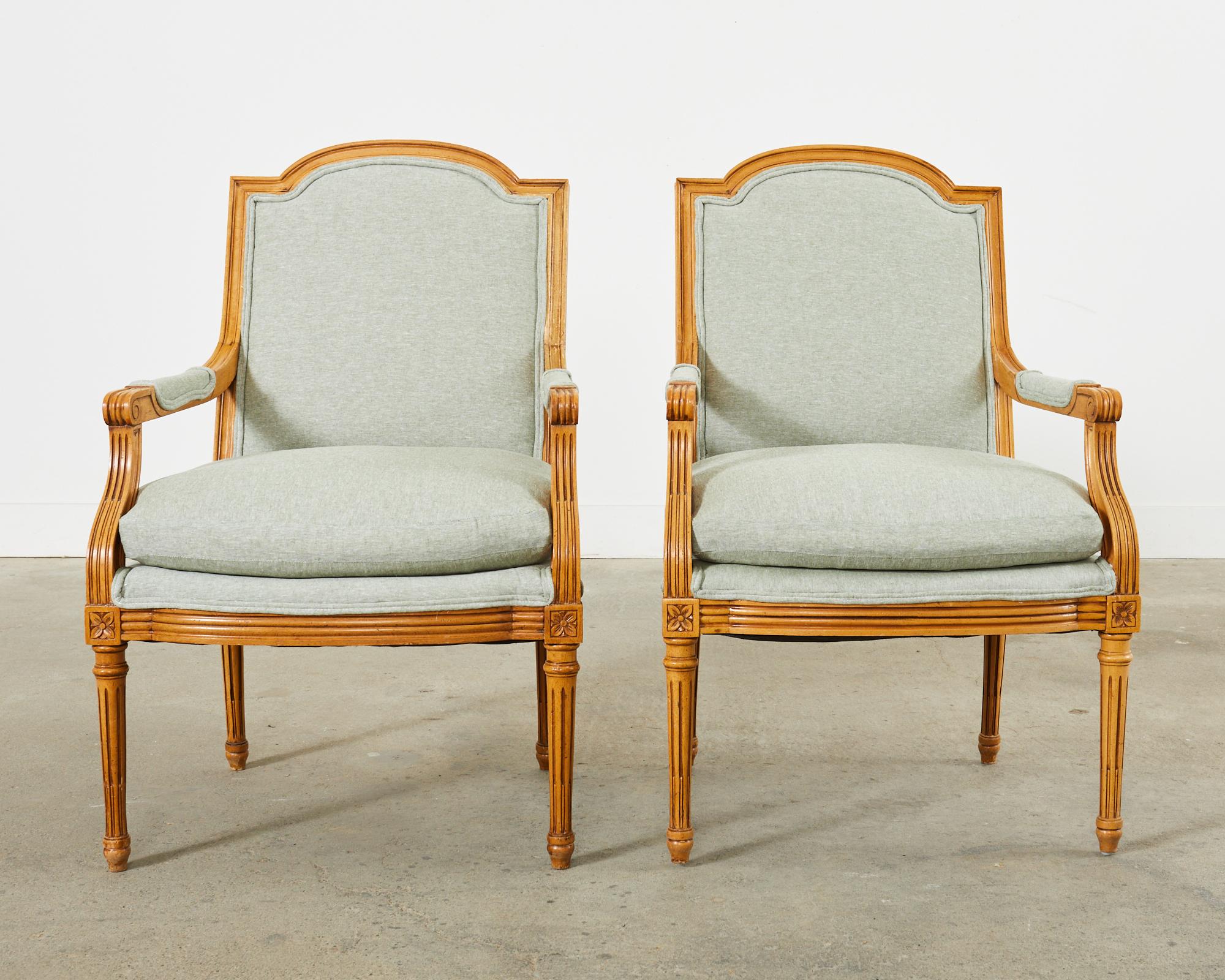 Hand-Crafted Pair of French Louis XVI Style Beechwood Fauteuil Armchairs  For Sale