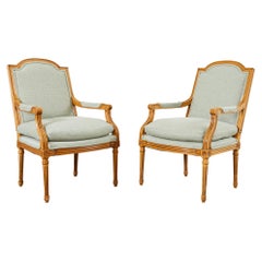 Pair of French Louis XVI Style Beechwood Fauteuil Armchairs 