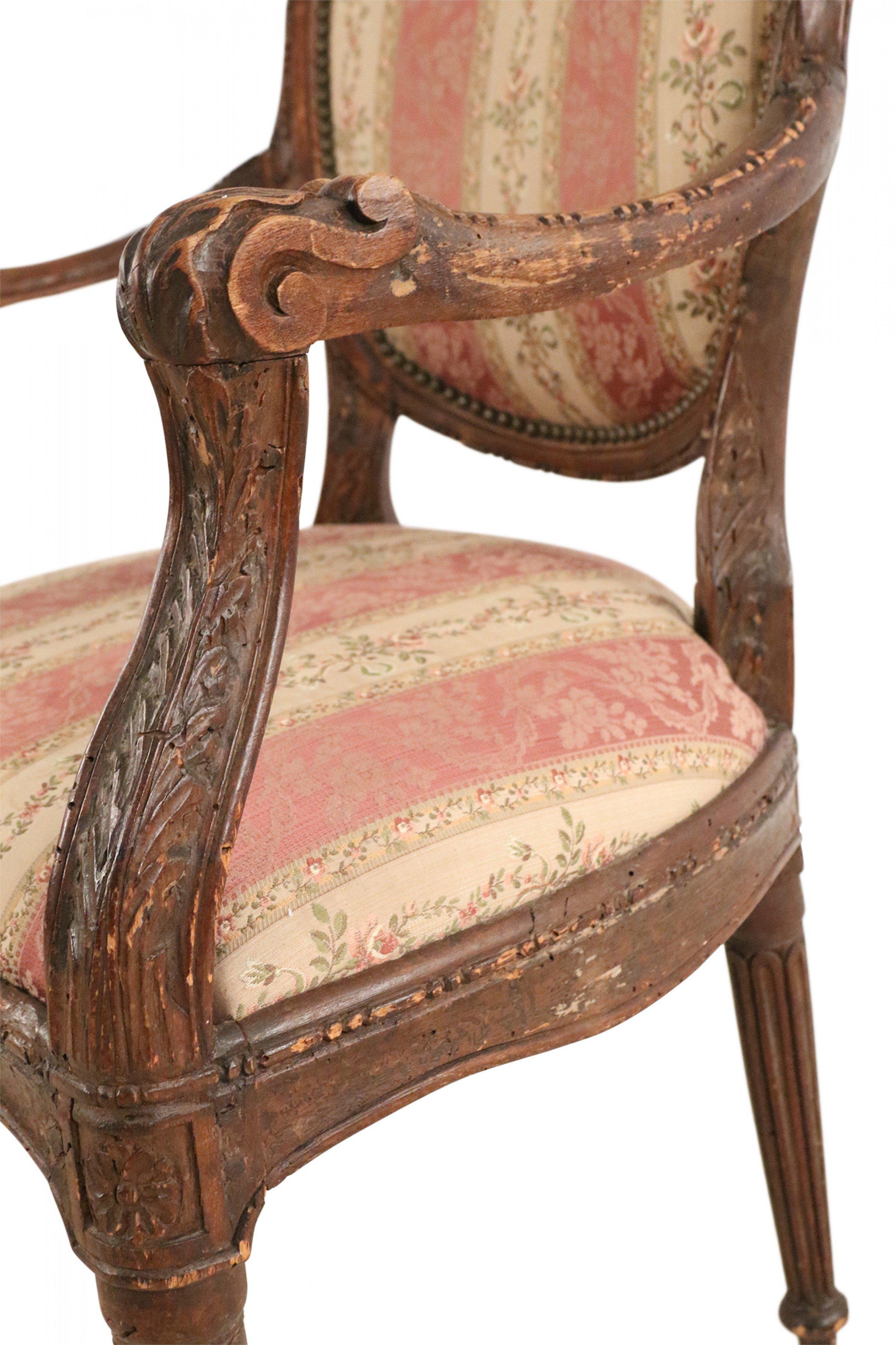 Pair of French Louis XVI Style Beige and Pink Stripe Upholstered Armchairs For Sale 7