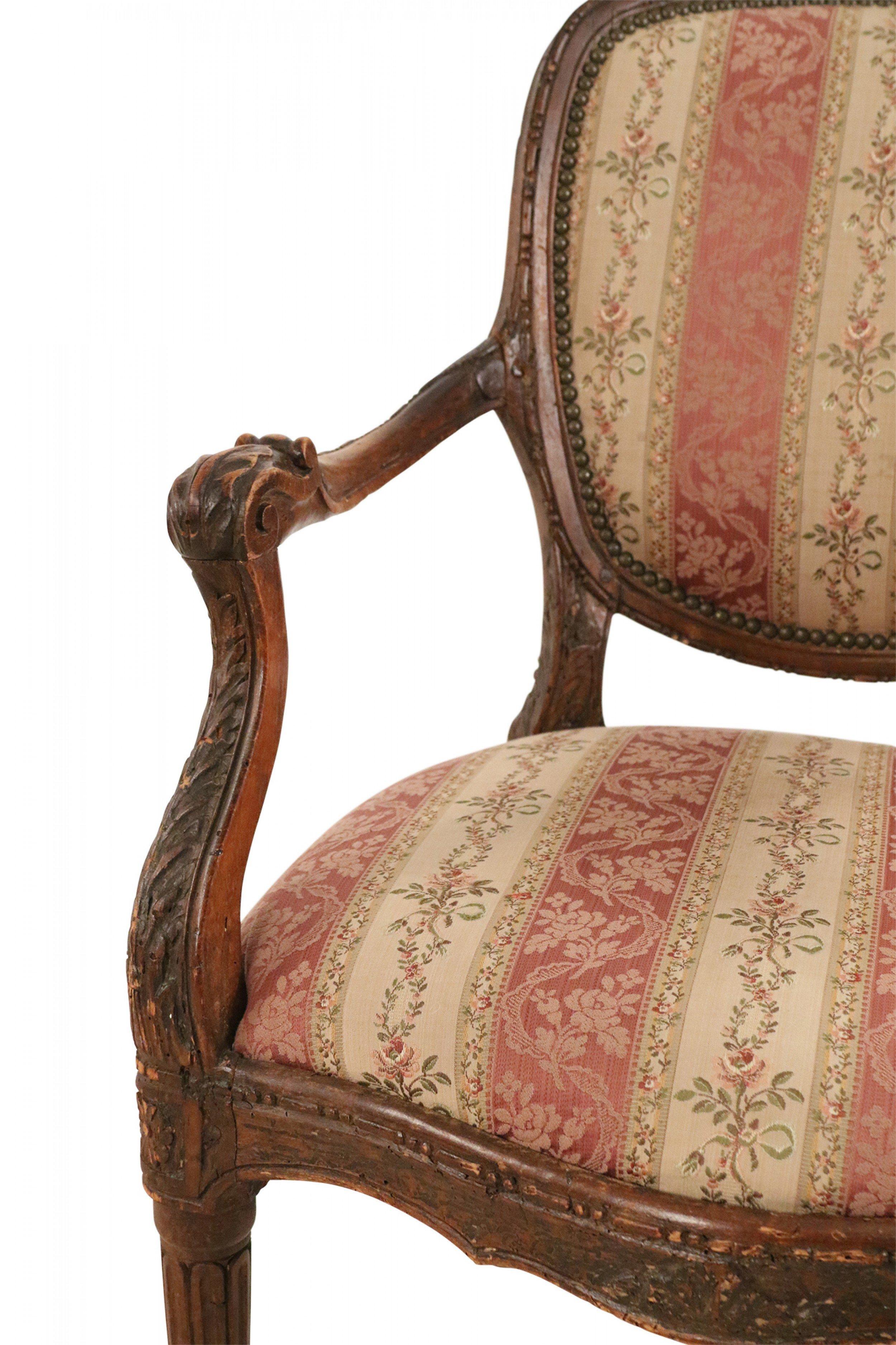 Pair of French Louis XVI Style Beige and Pink Stripe Upholstered Armchairs For Sale 8