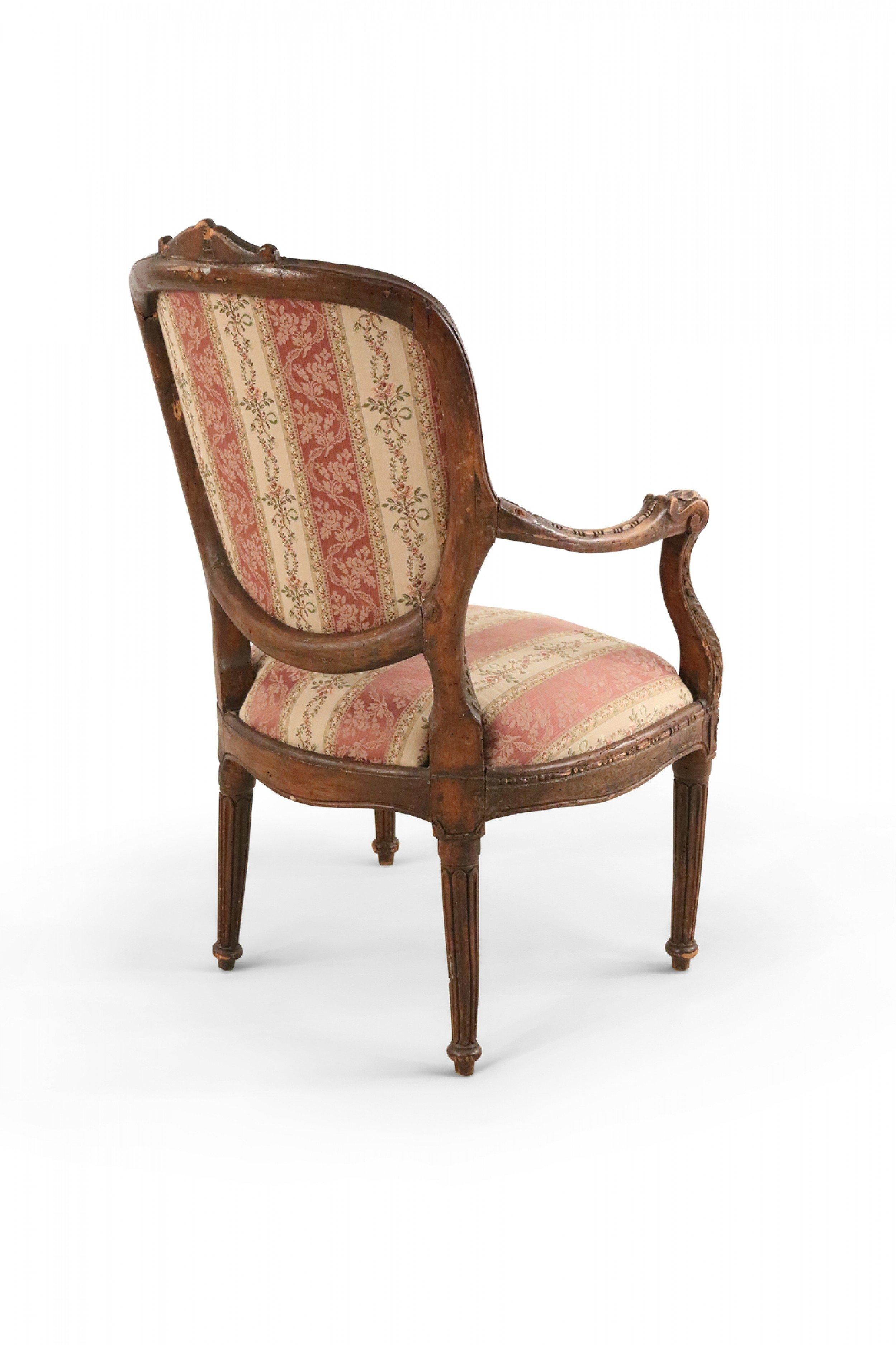 Fabric Pair of French Louis XVI Style Beige and Pink Stripe Upholstered Armchairs For Sale
