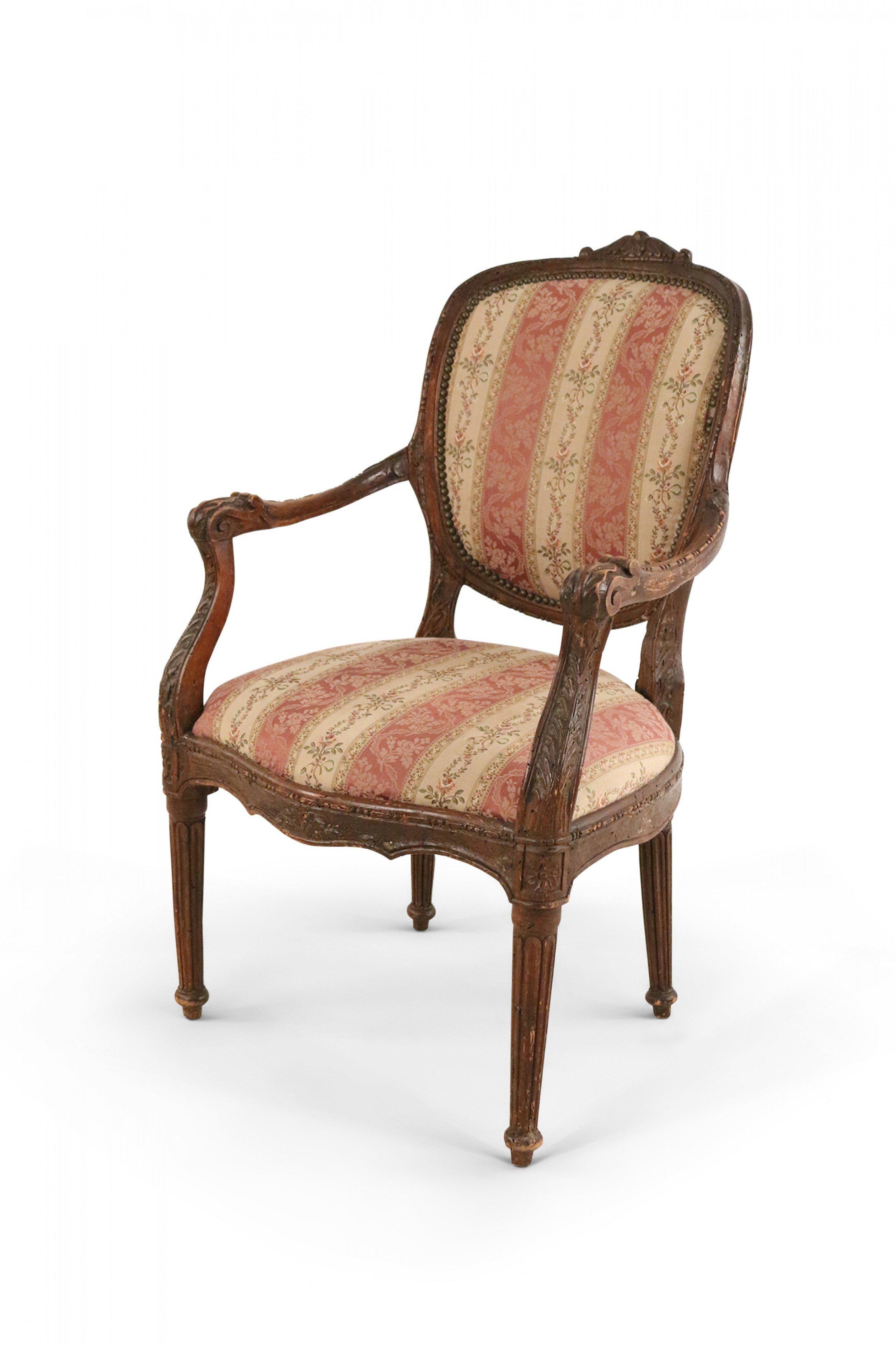 Pair of French Louis XVI Style Beige and Pink Stripe Upholstered Armchairs For Sale 1