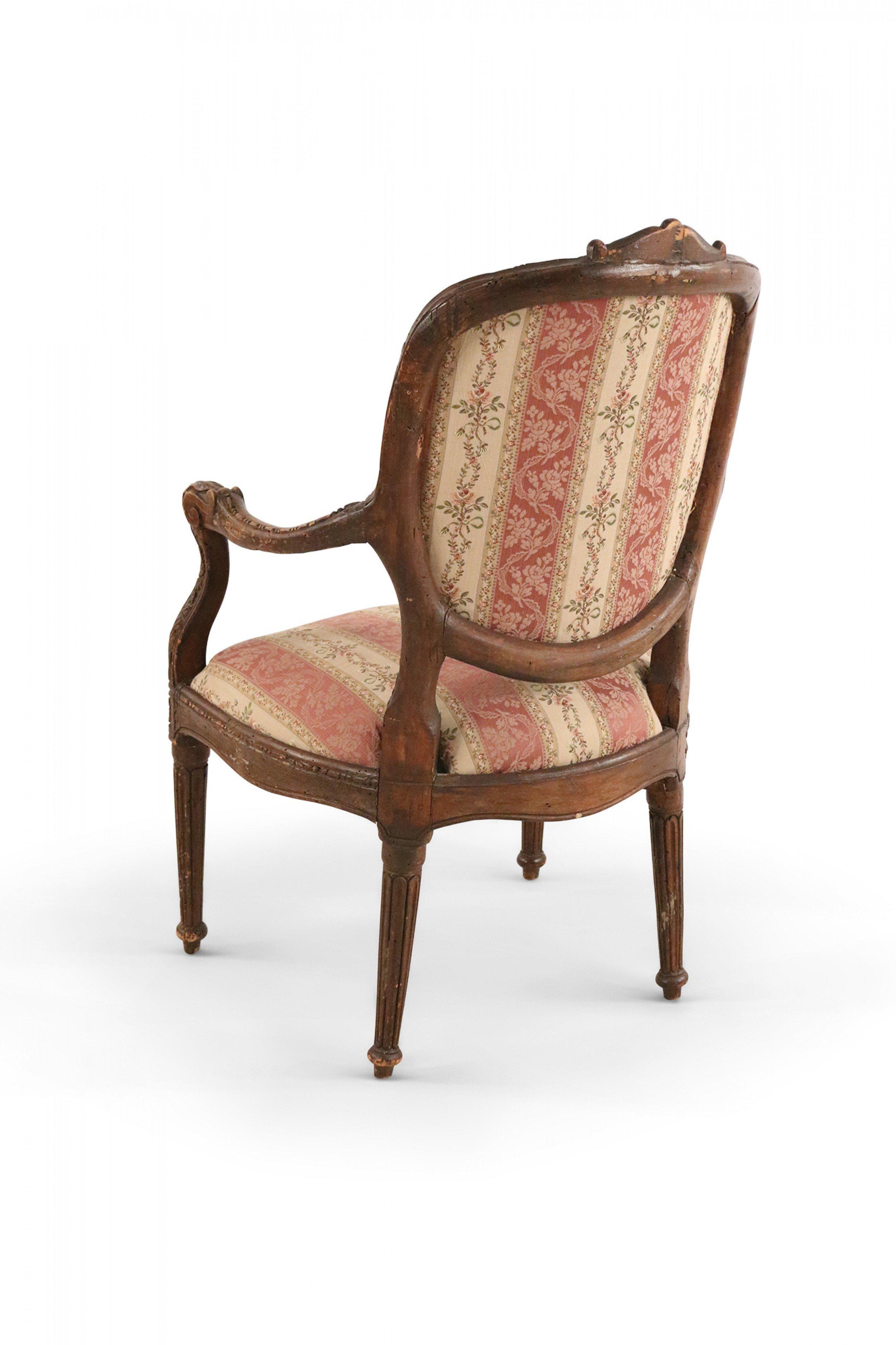 Pair of French Louis XVI Style Beige and Pink Stripe Upholstered Armchairs For Sale 2