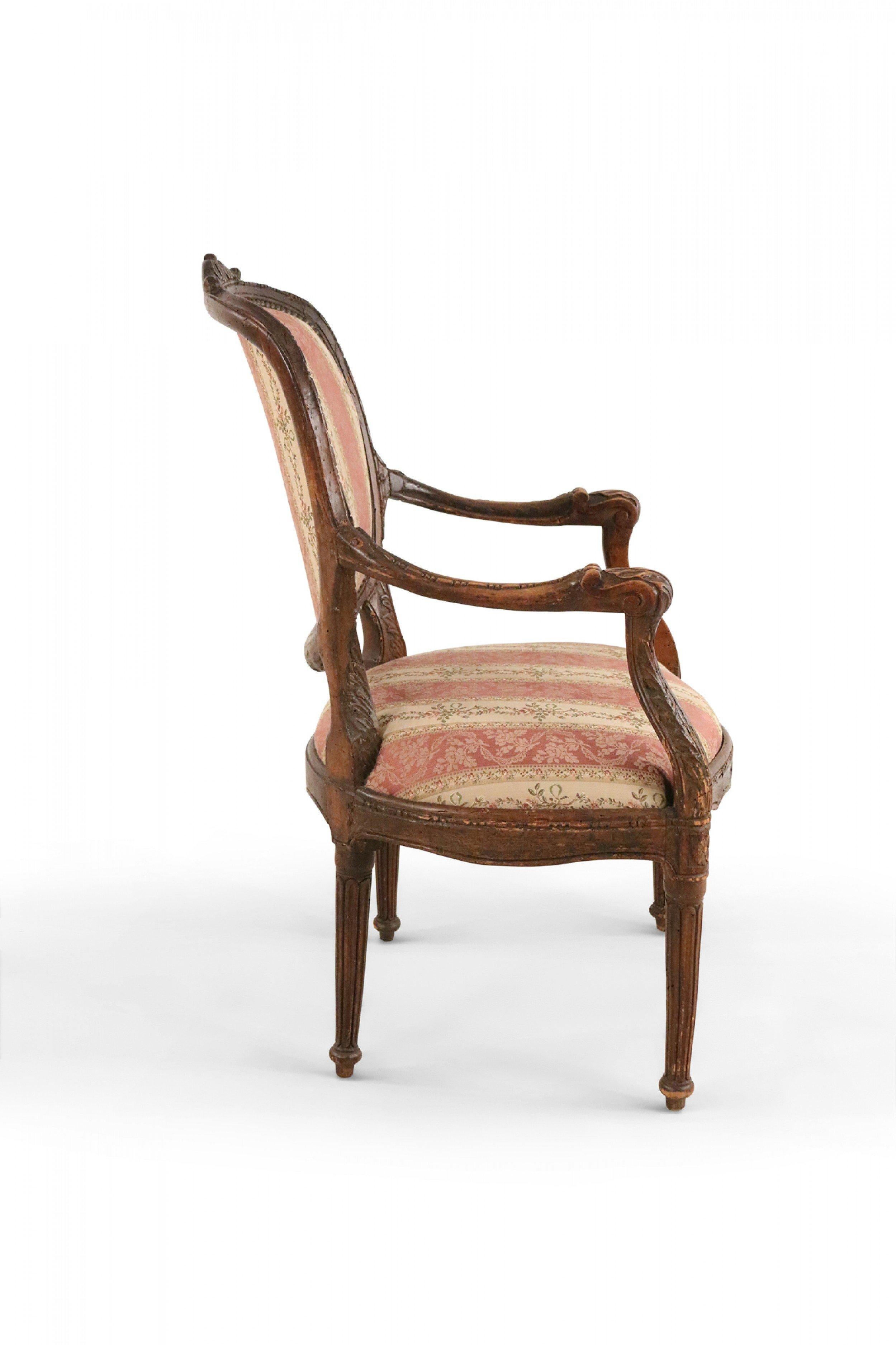 Pair of French Louis XVI Style Beige and Pink Stripe Upholstered Armchairs For Sale 3