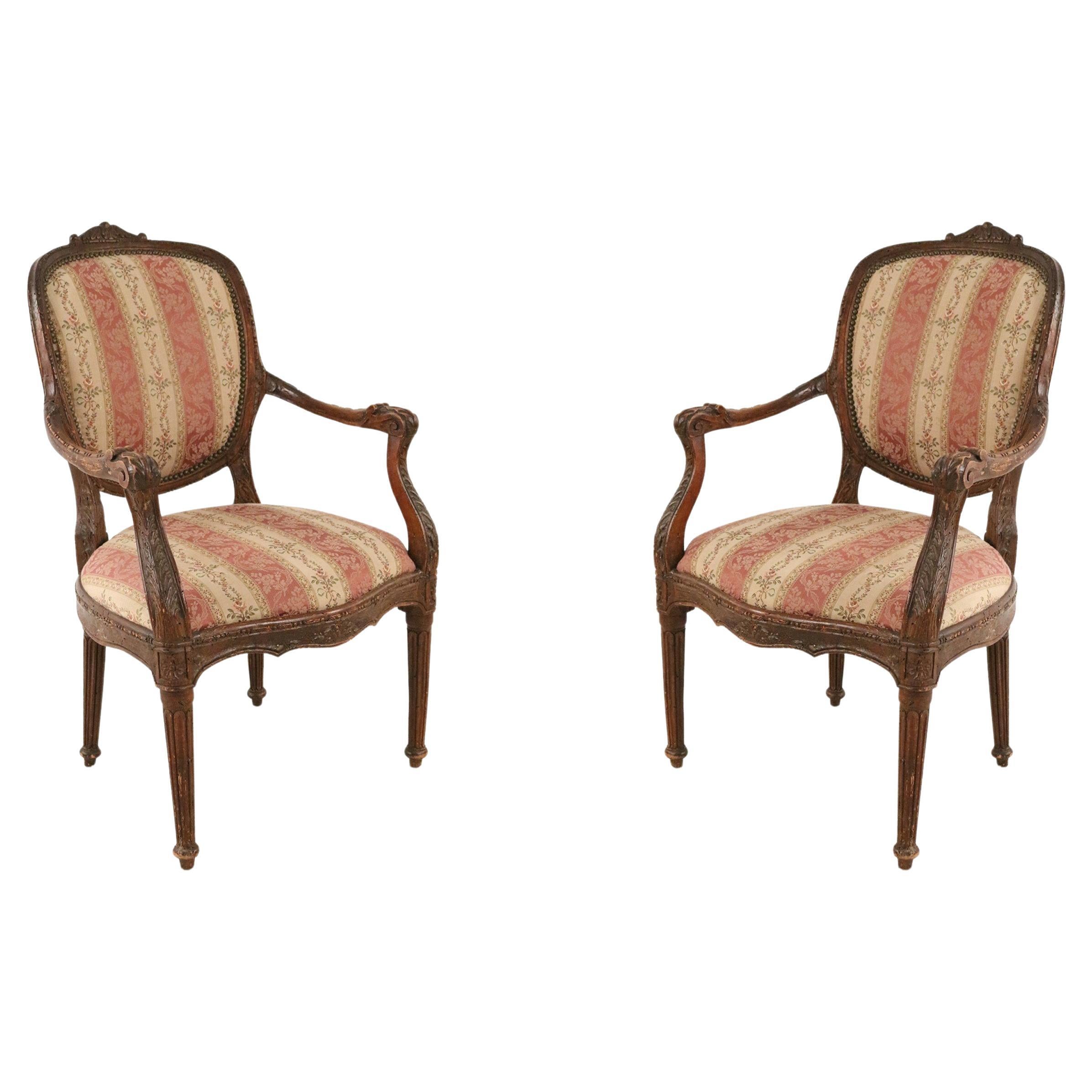 Pair of French Louis XVI Style Beige and Pink Stripe Upholstered Armchairs For Sale