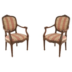 Pair of French Louis XVI Style Beige and Pink Stripe Upholstered Armchairs