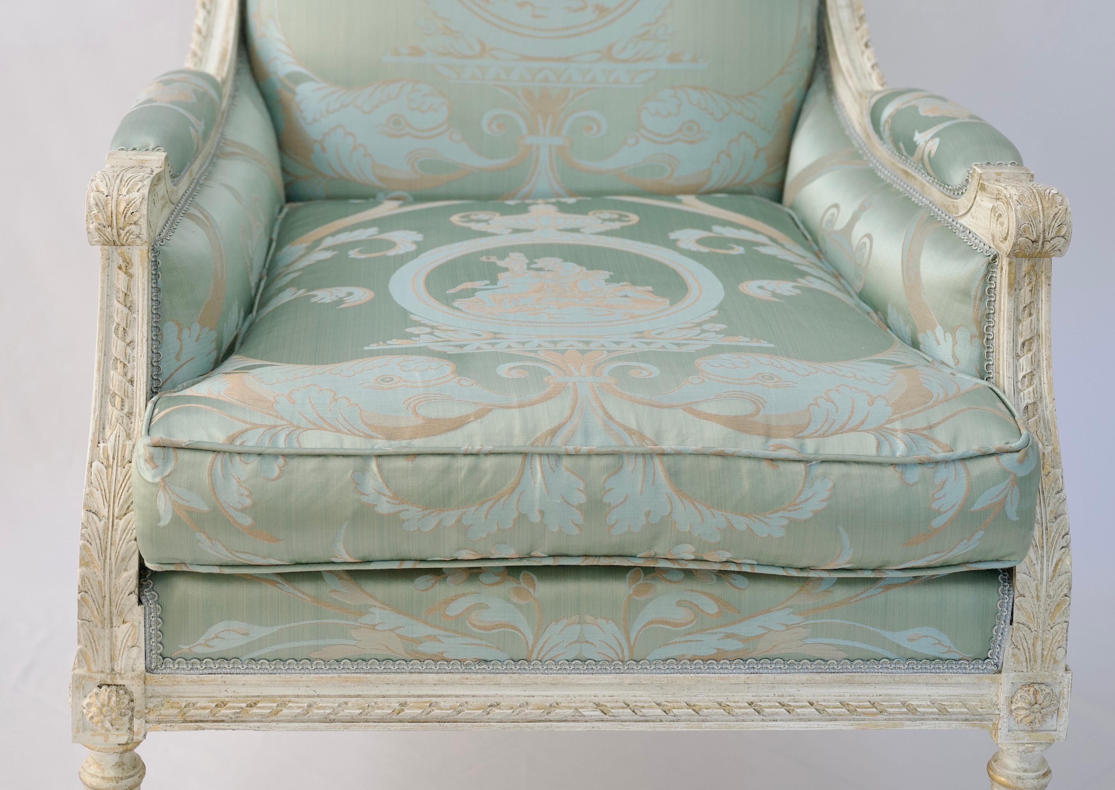 Hand-Painted Pair of French Louis XVI Style Bergère Armchairs with Lelievre Fabric