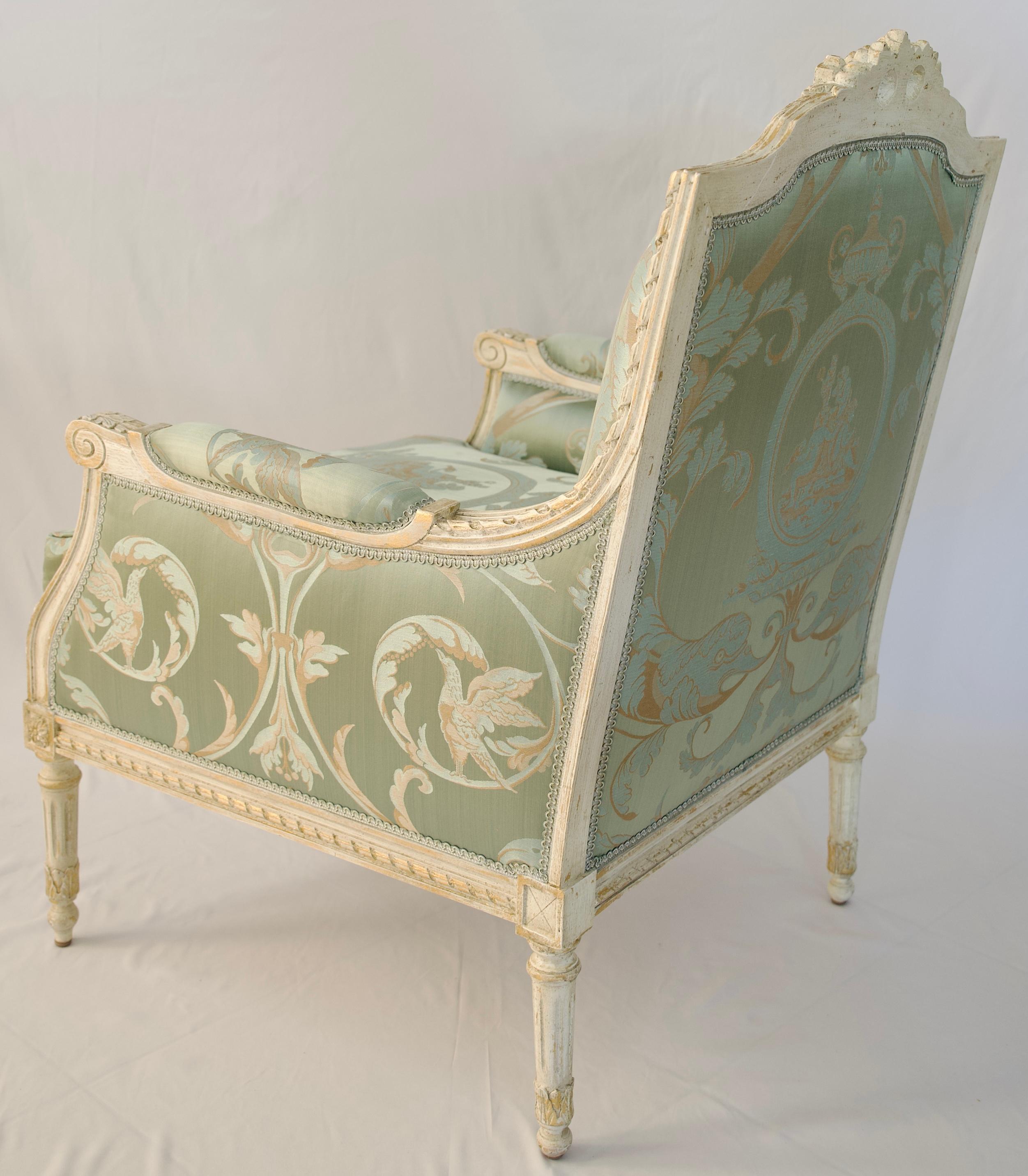 Pair of French Louis XVI Style Bergère Armchairs with Lelievre Fabric In Good Condition In Miami, FL