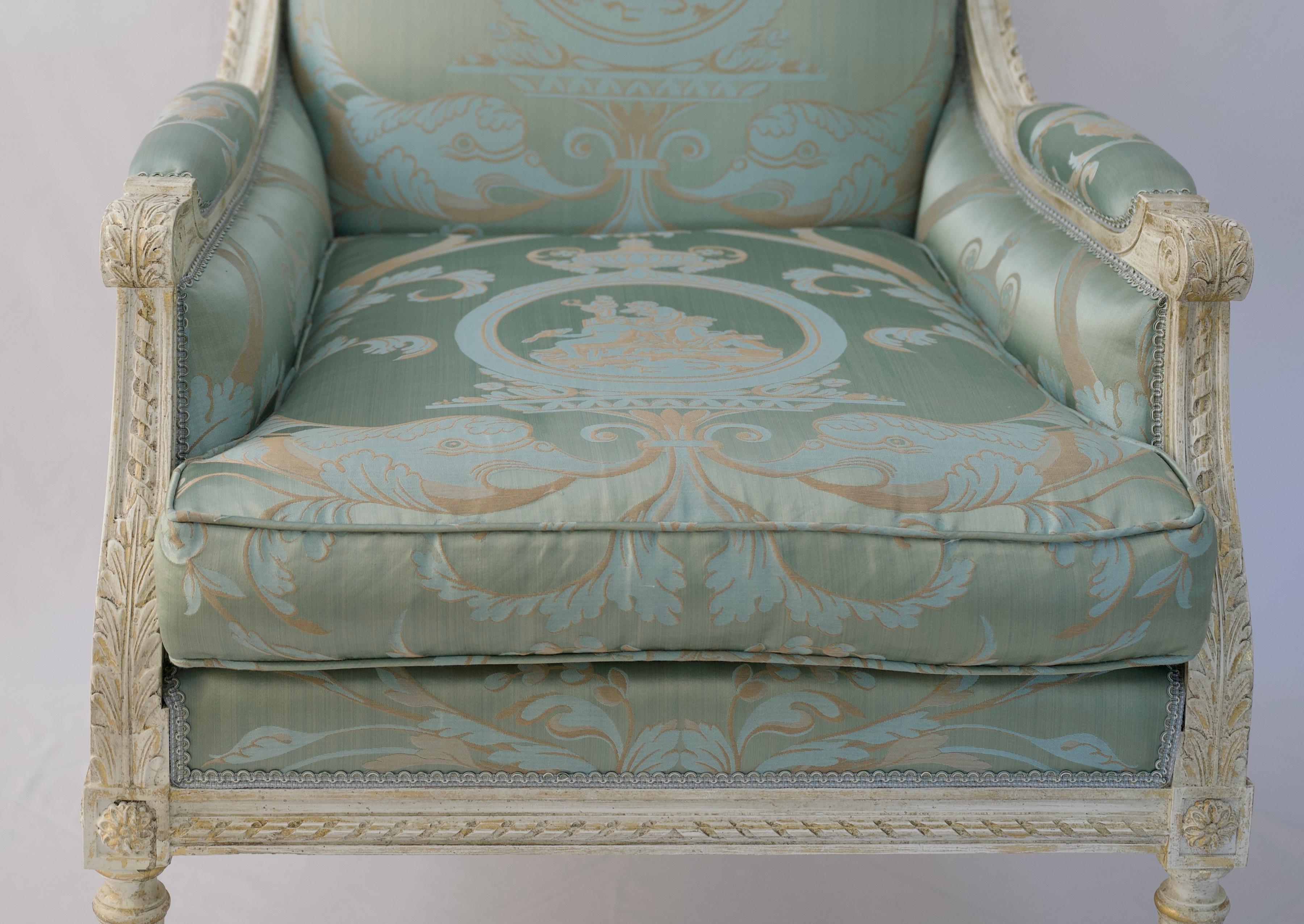 Silk Pair of French Louis XVI Style Bergère Armchairs with Lelievre Fabric