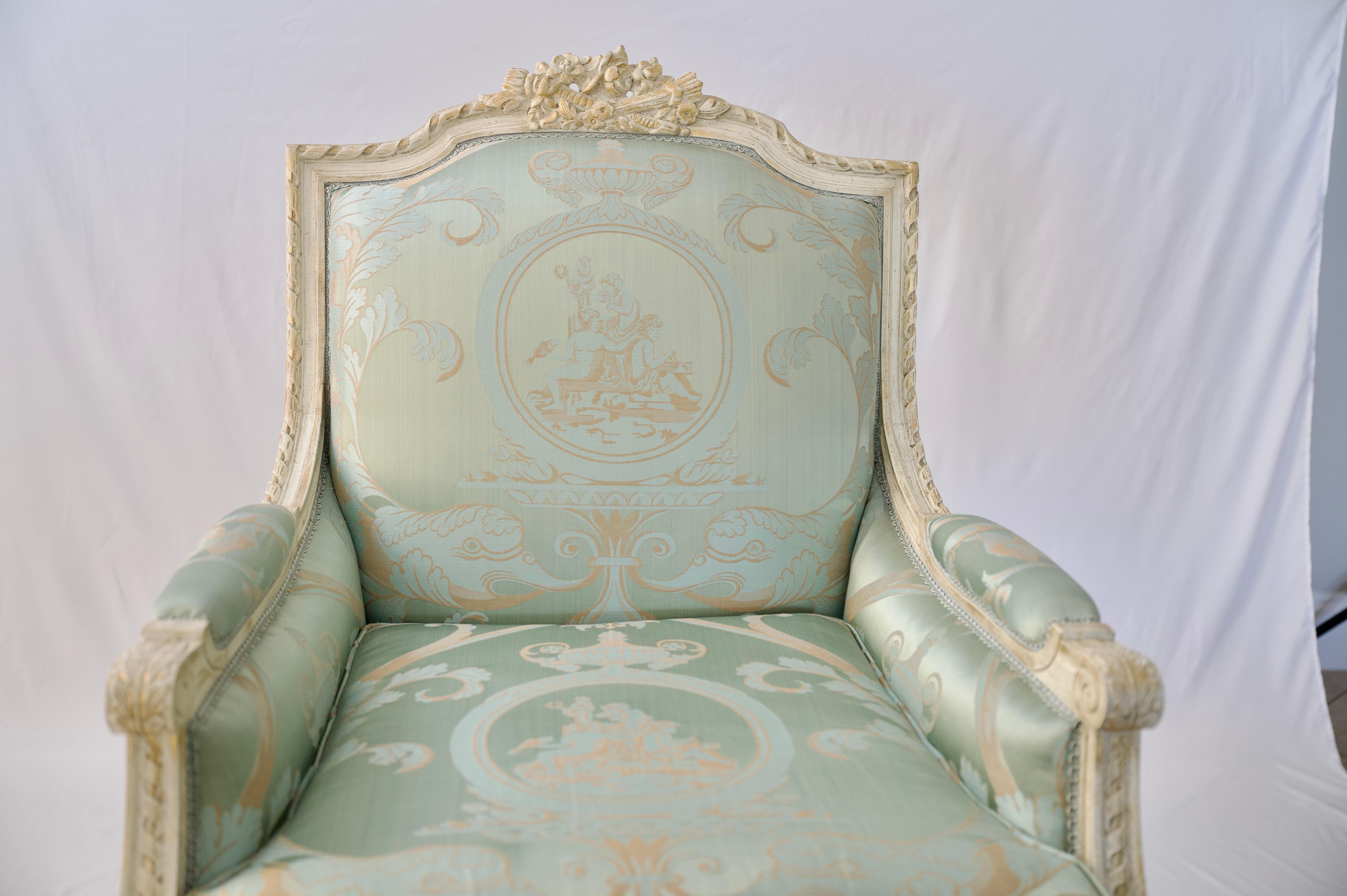 Pair of French Louis XVI Style Bergère Armchairs with Lelievre Fabric 1