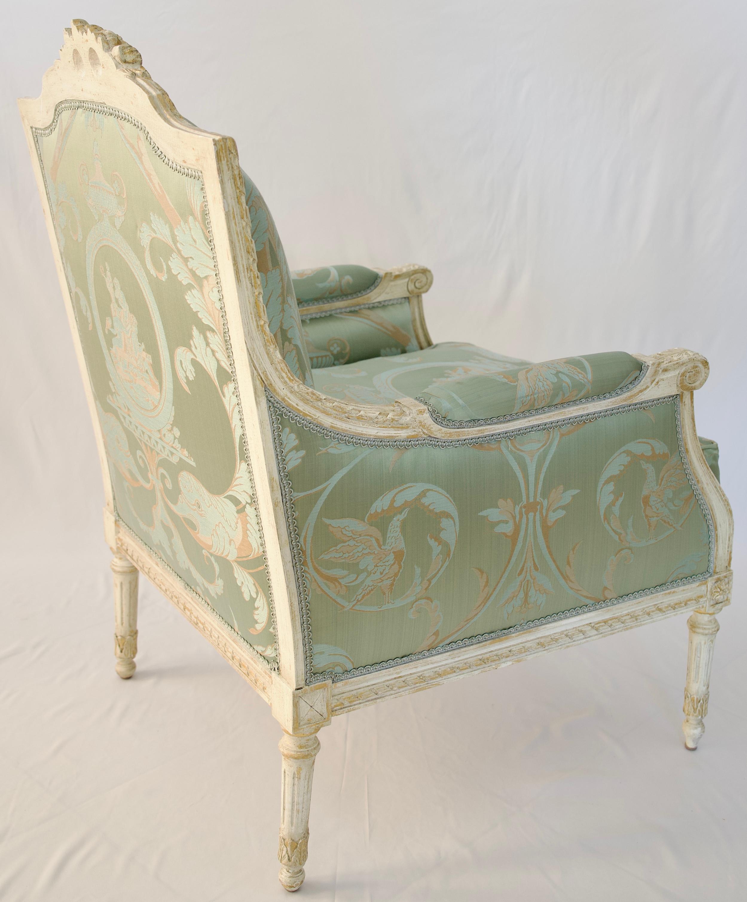 Pair of French Louis XVI Style Bergère Armchairs with Lelievre Fabric 2