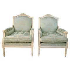 Pair of French Louis XVI Style Bergère Armchairs with Lelievre Fabric