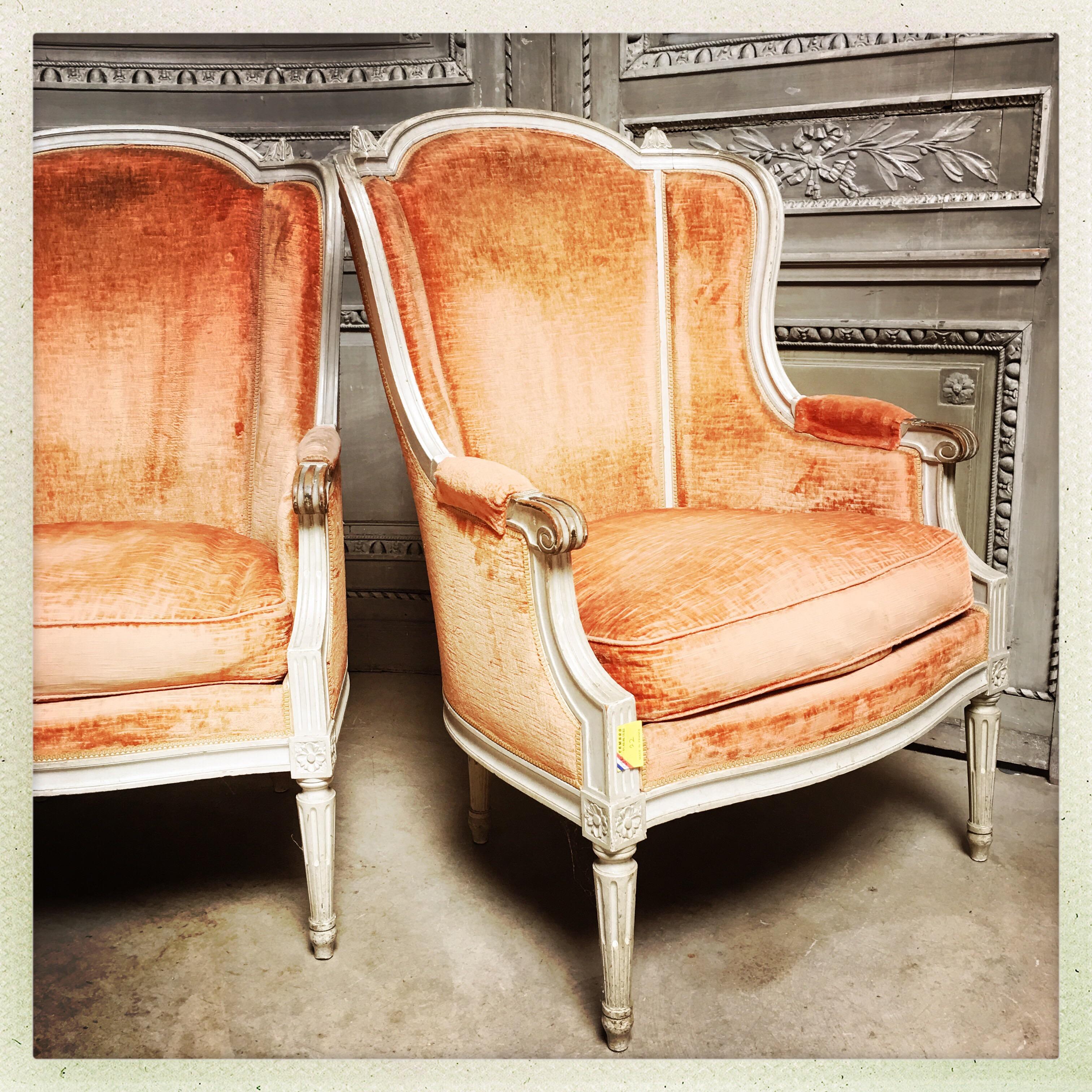 20th Century Pair of French Louis XVI Style Bergeres with a Gray Painted Finish