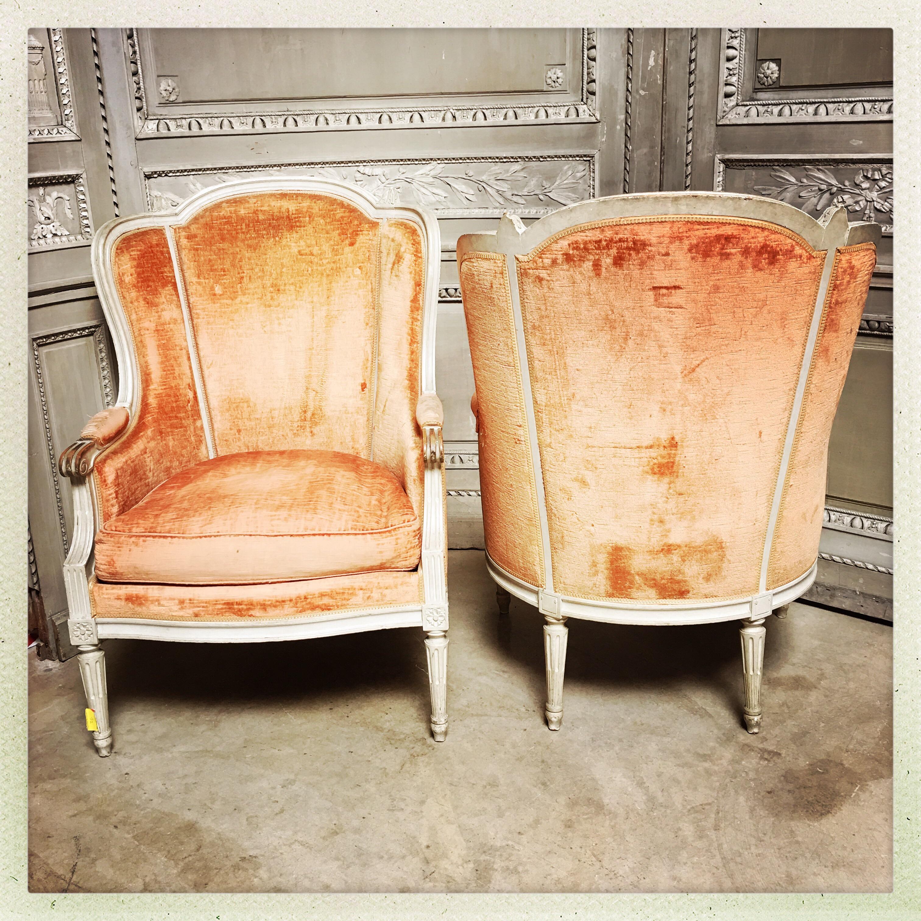 Pair of French Louis XVI Style Bergeres with a Gray Painted Finish 2