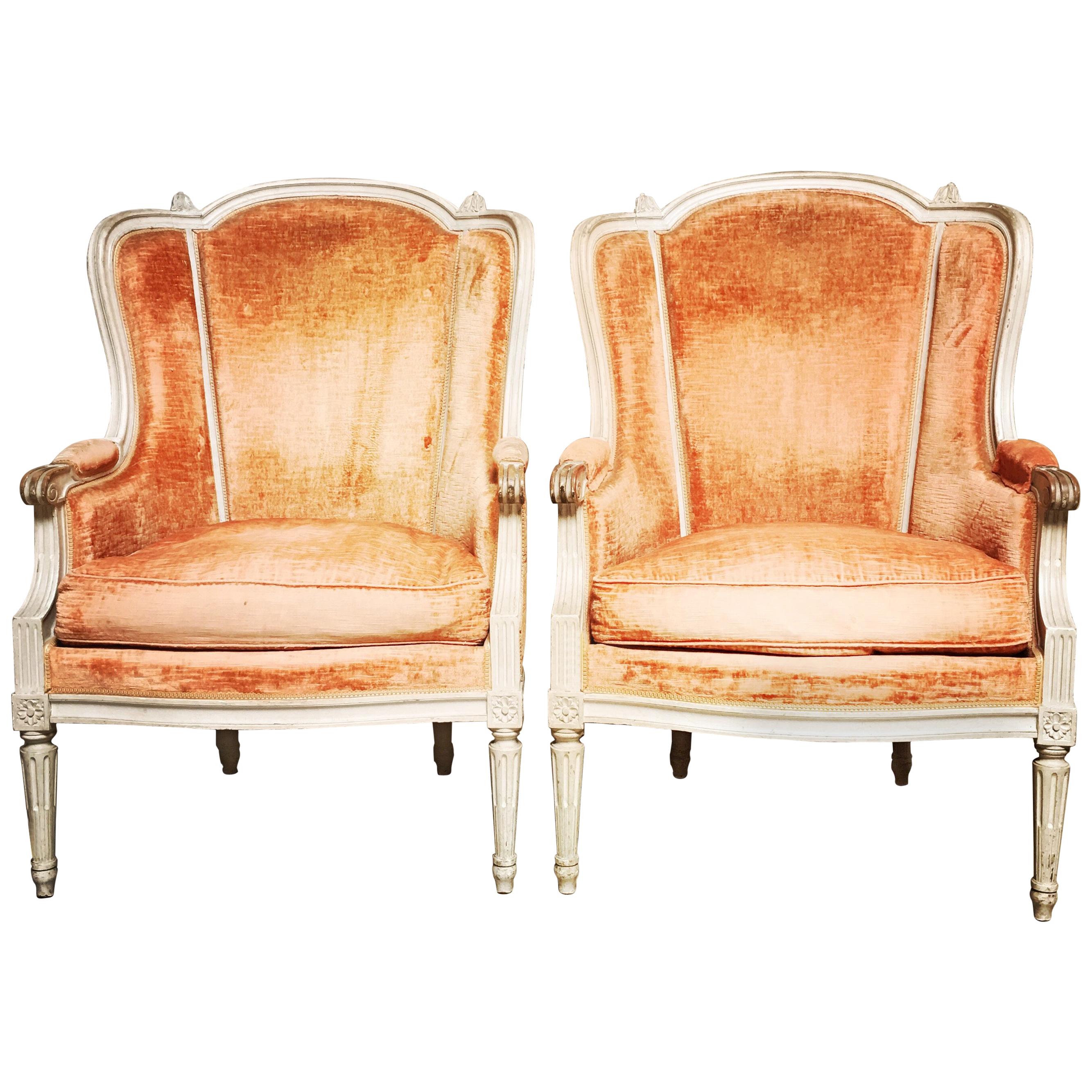Pair of French Louis XVI Style Bergeres with a Gray Painted Finish