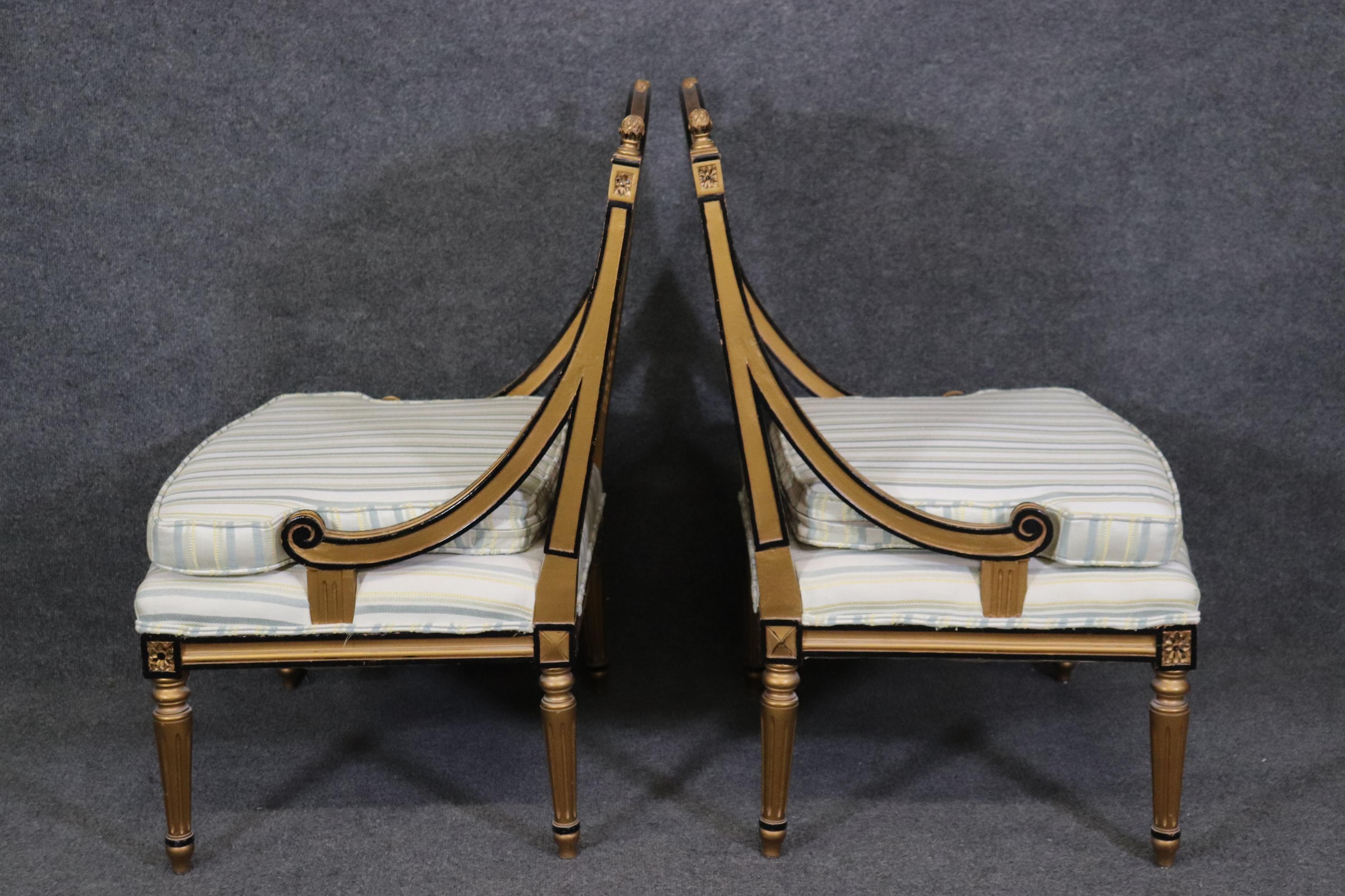 Unknown Pair of French Louis XVI Style Black and Gold Cane Back Bergeres, Lounge Chairs For Sale