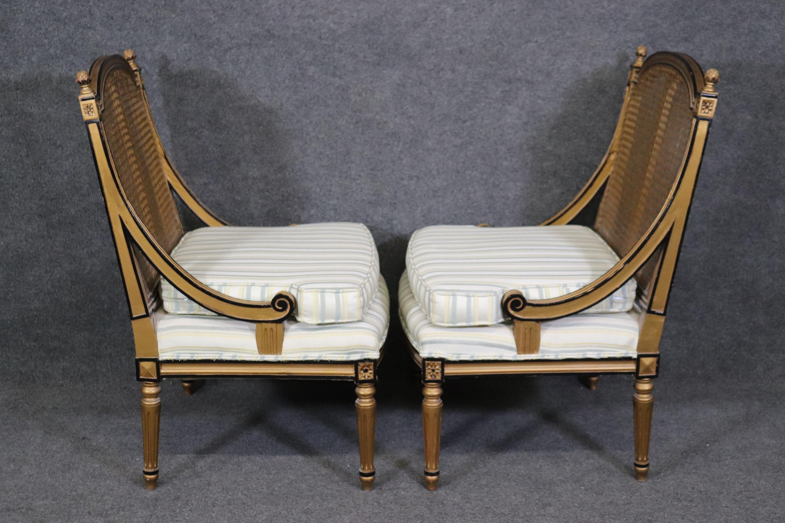Pair of French Louis XVI Style Black and Gold Cane Back Bergeres, Lounge Chairs In Good Condition For Sale In Swedesboro, NJ