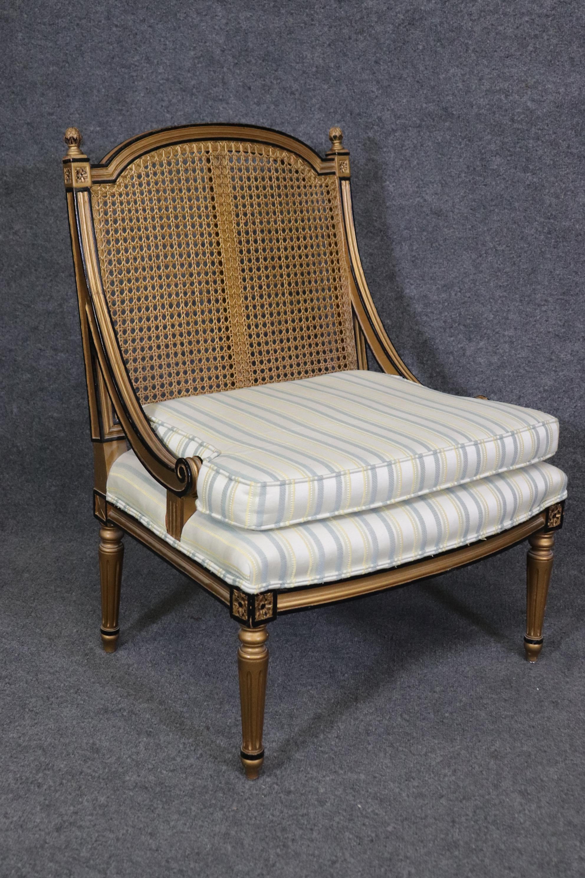 Pair of French Louis XVI Style Black and Gold Cane Back Bergeres, Lounge Chairs For Sale 1