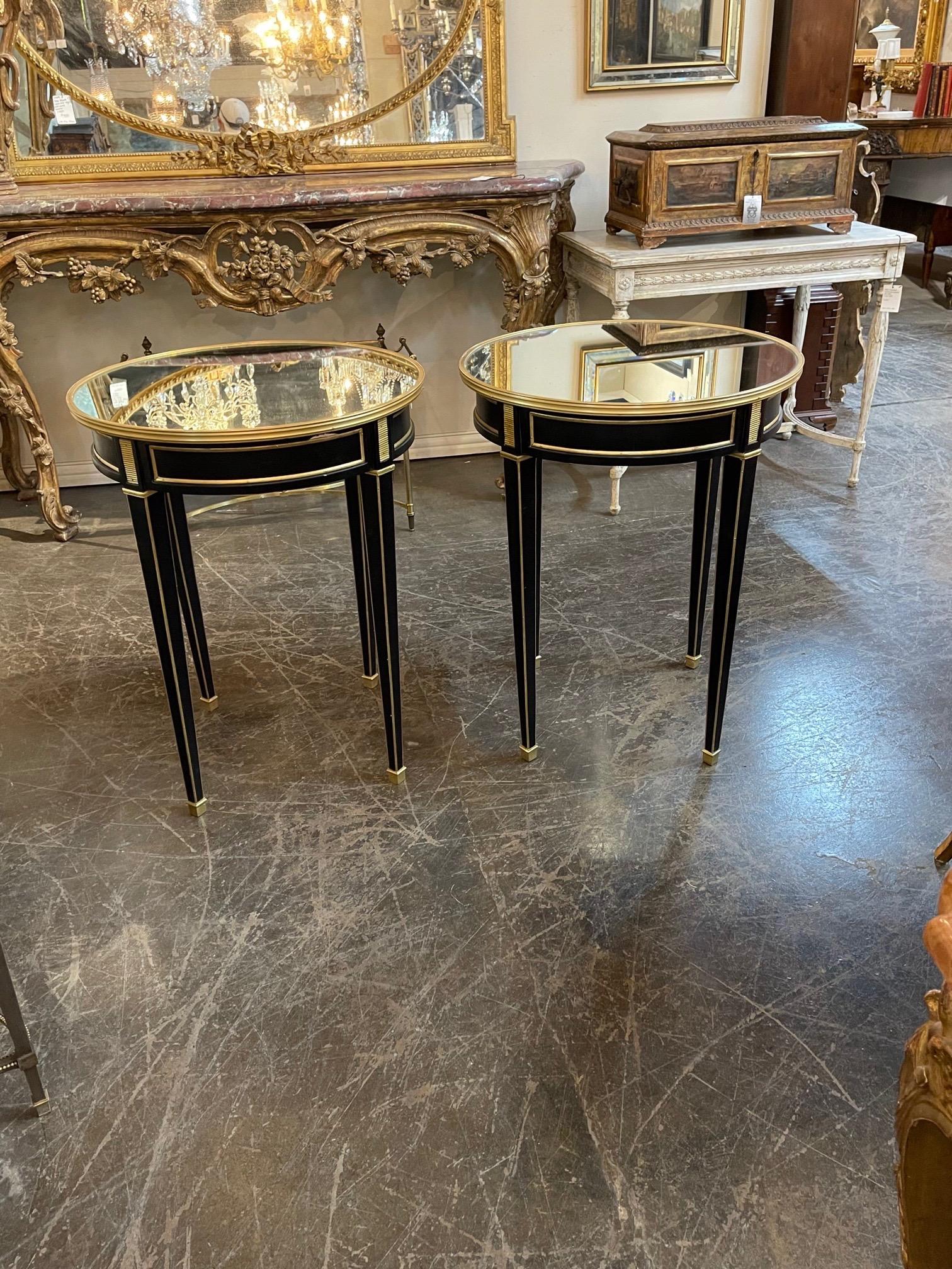 Pair of French Louis XVI Style Black Lacquered and Brass Side Table 1