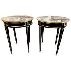 Vintage Pair of French Louis XVI Style Black Lacquered and Brass Side Table