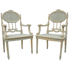 Pair of French Louis XVI Style Blue Distress Painted Parlor or Salon Armchairs