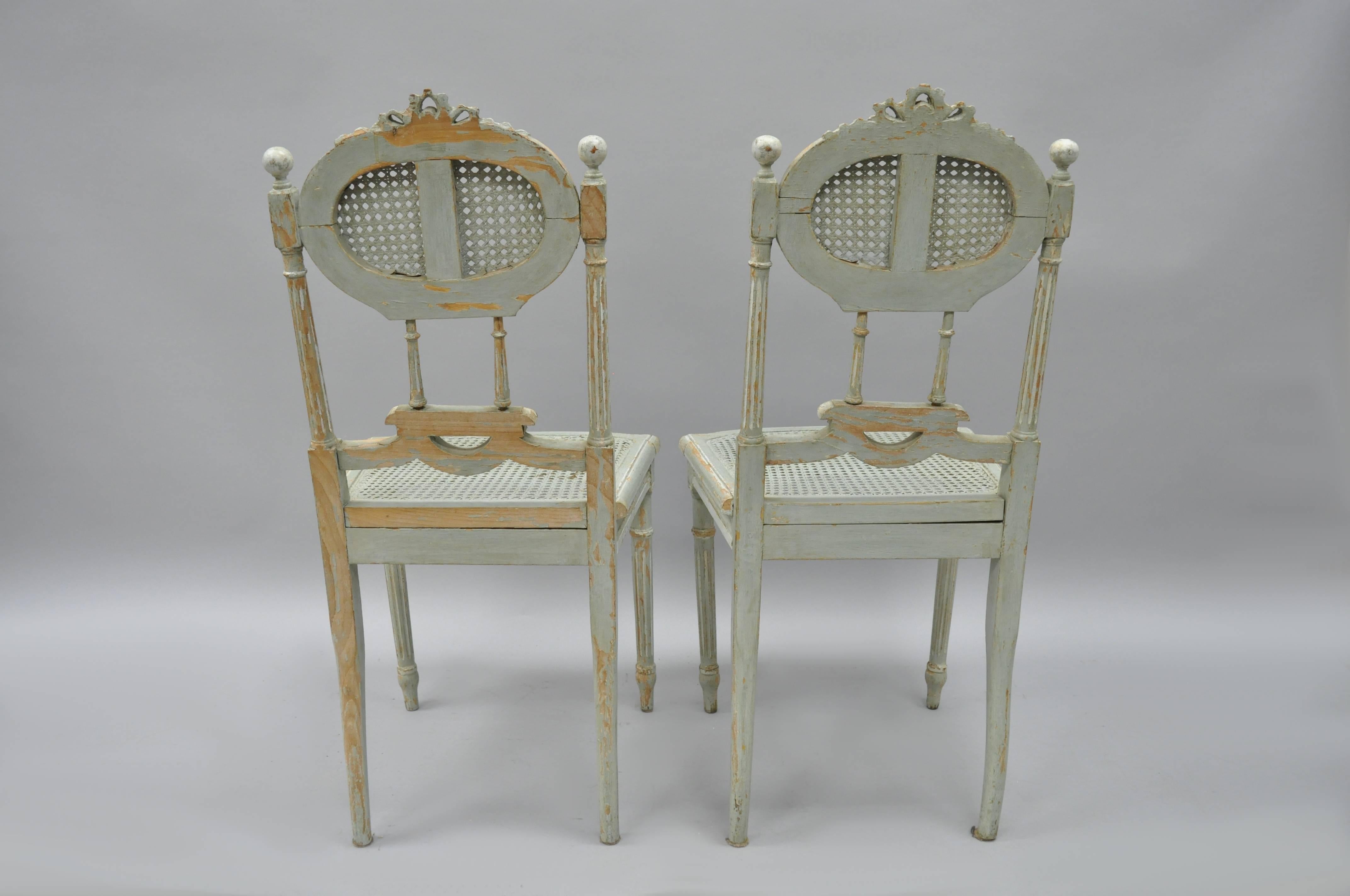 Pair of French Louis XVI Style Blue Distress Painted Parlor or Salon Side Chairs 4
