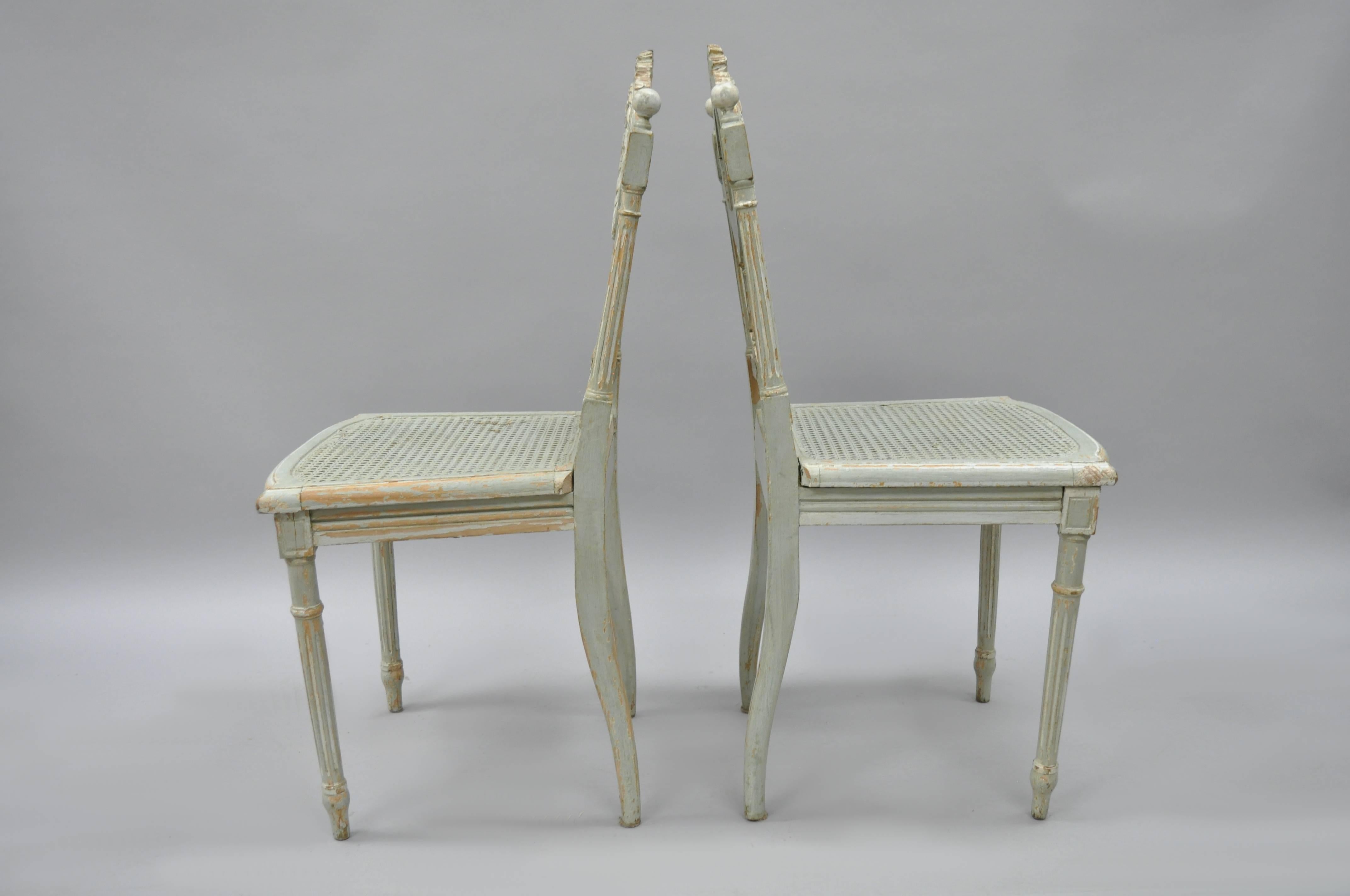 Early 20th Century Pair of French Louis XVI Style Blue Distress Painted Parlor or Salon Side Chairs