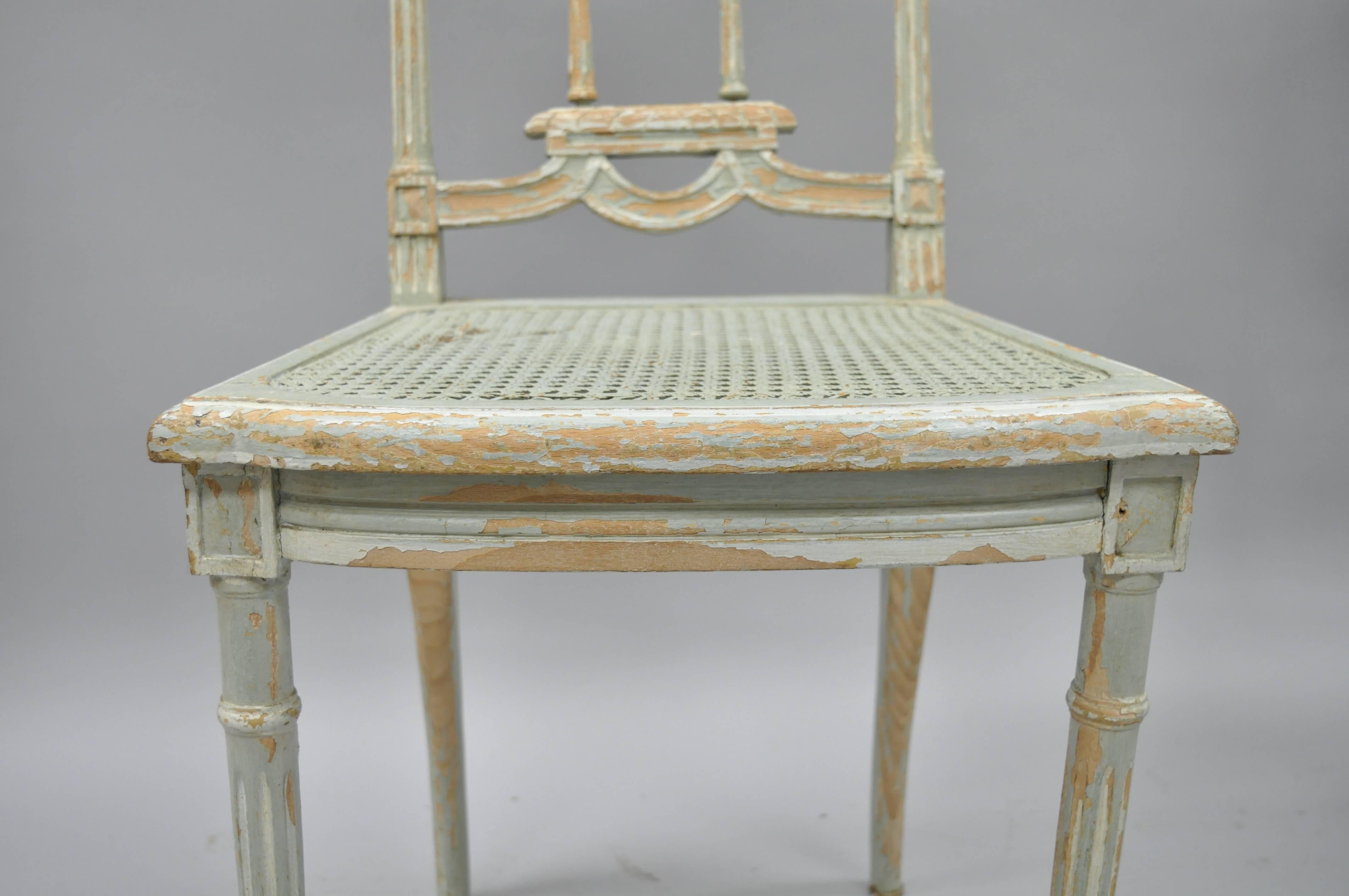 Cane Pair of French Louis XVI Style Blue Distress Painted Parlor or Salon Side Chairs