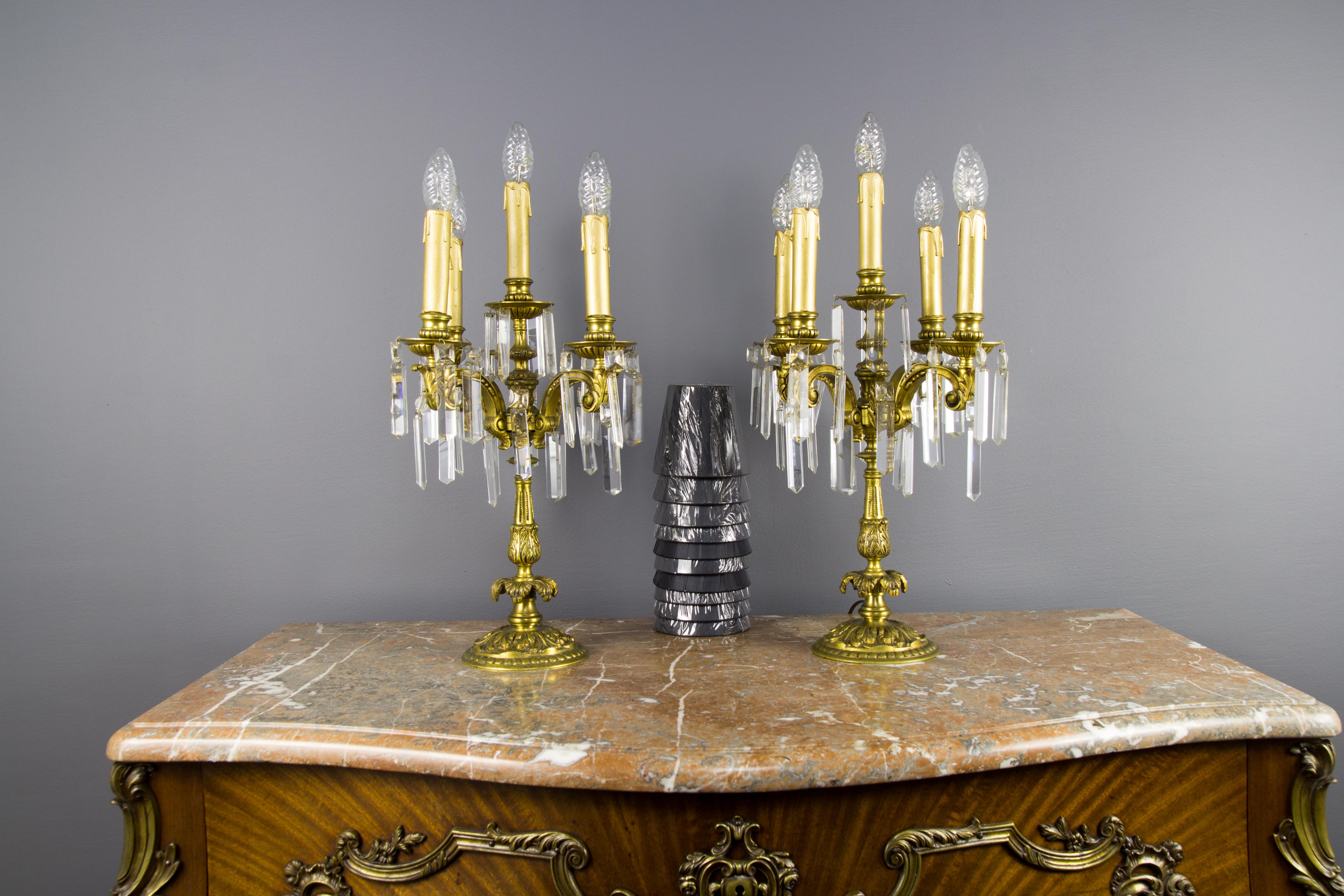 Pair of French Louis XVI Style Bronze and Crystal Candelabra Table Lamps 13