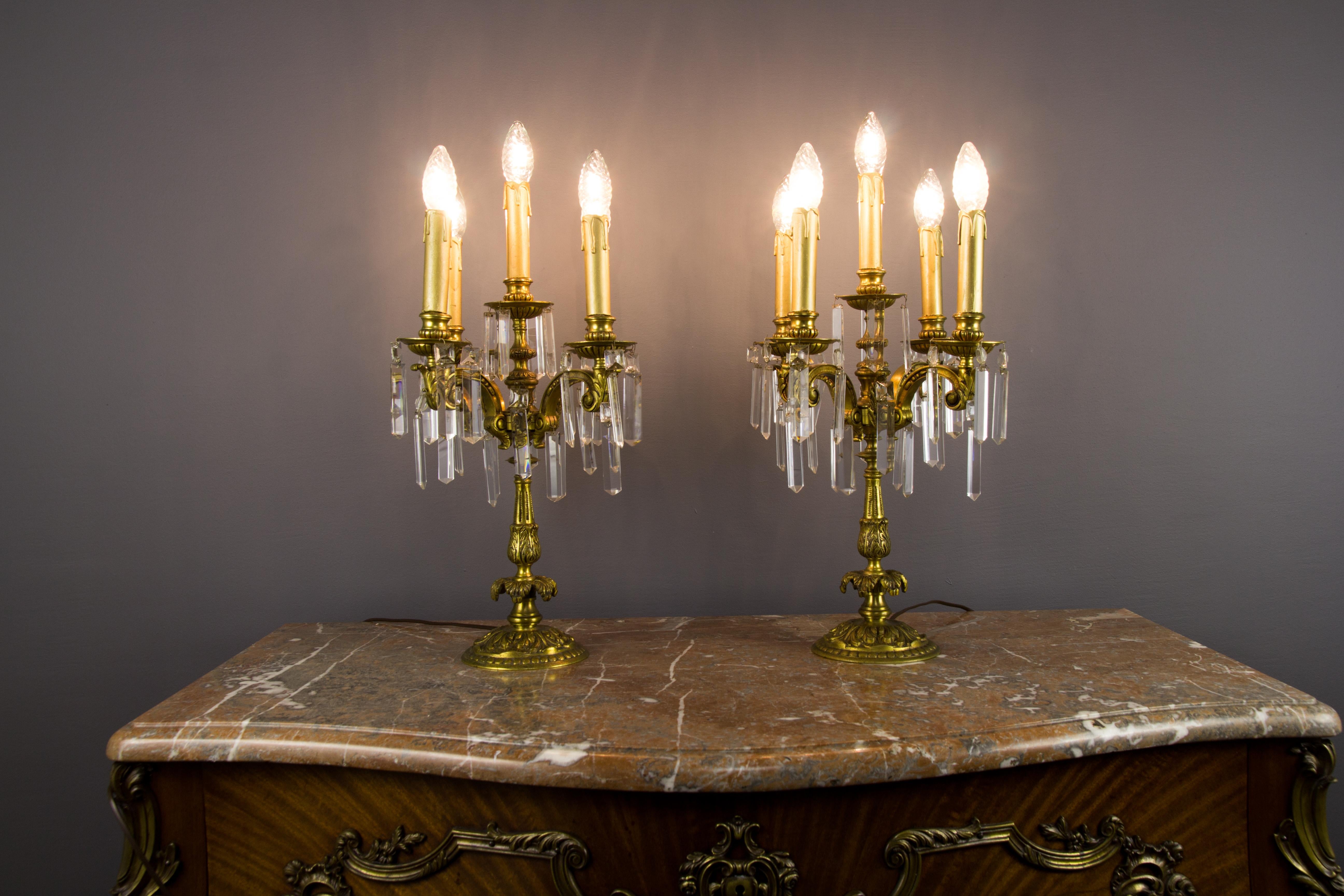 Pair of French Louis XVI Style Bronze and Crystal Candelabra Table Lamps 14