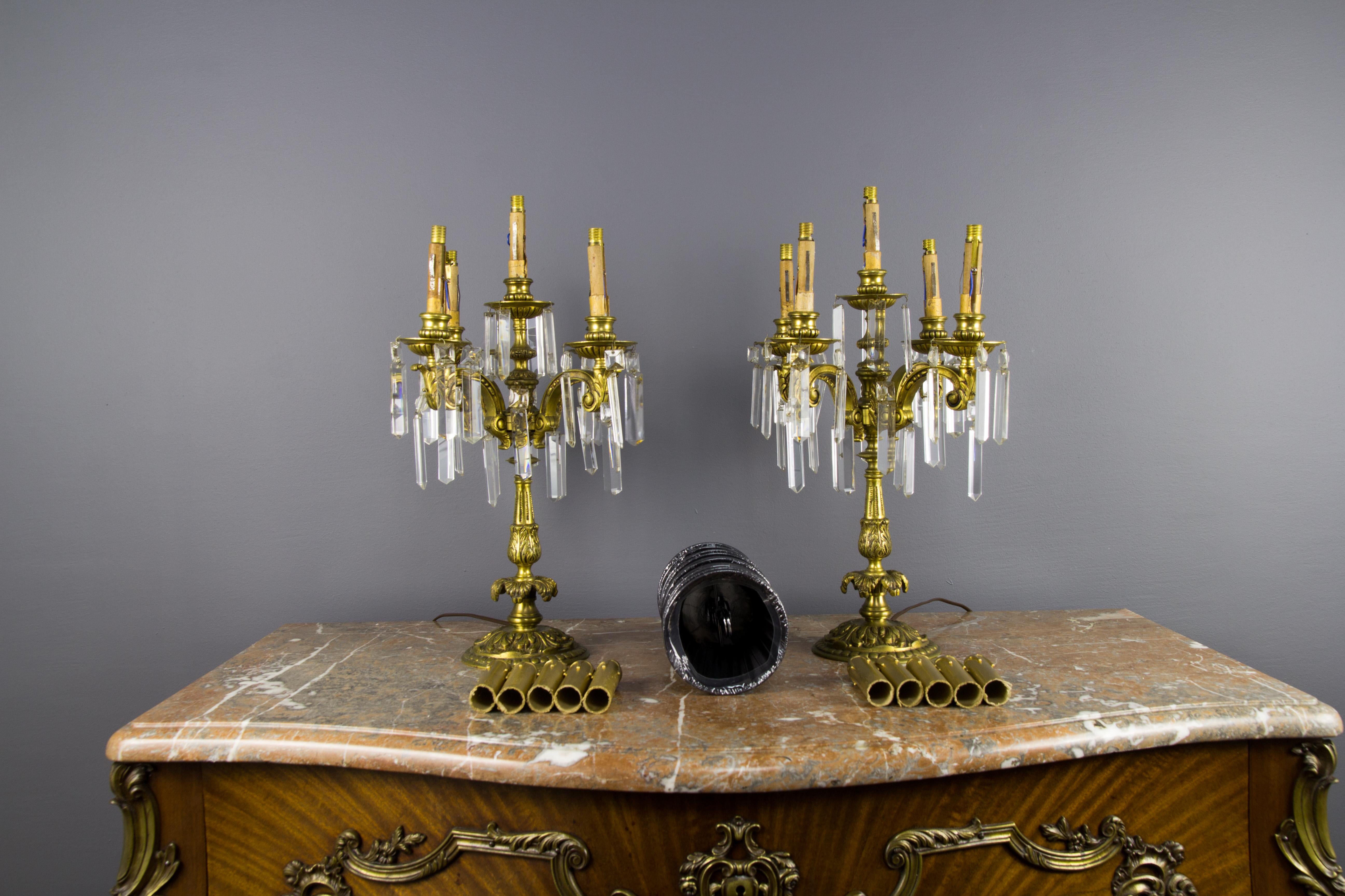 Pair of French Louis XVI Style Bronze and Crystal Candelabra Table Lamps 15