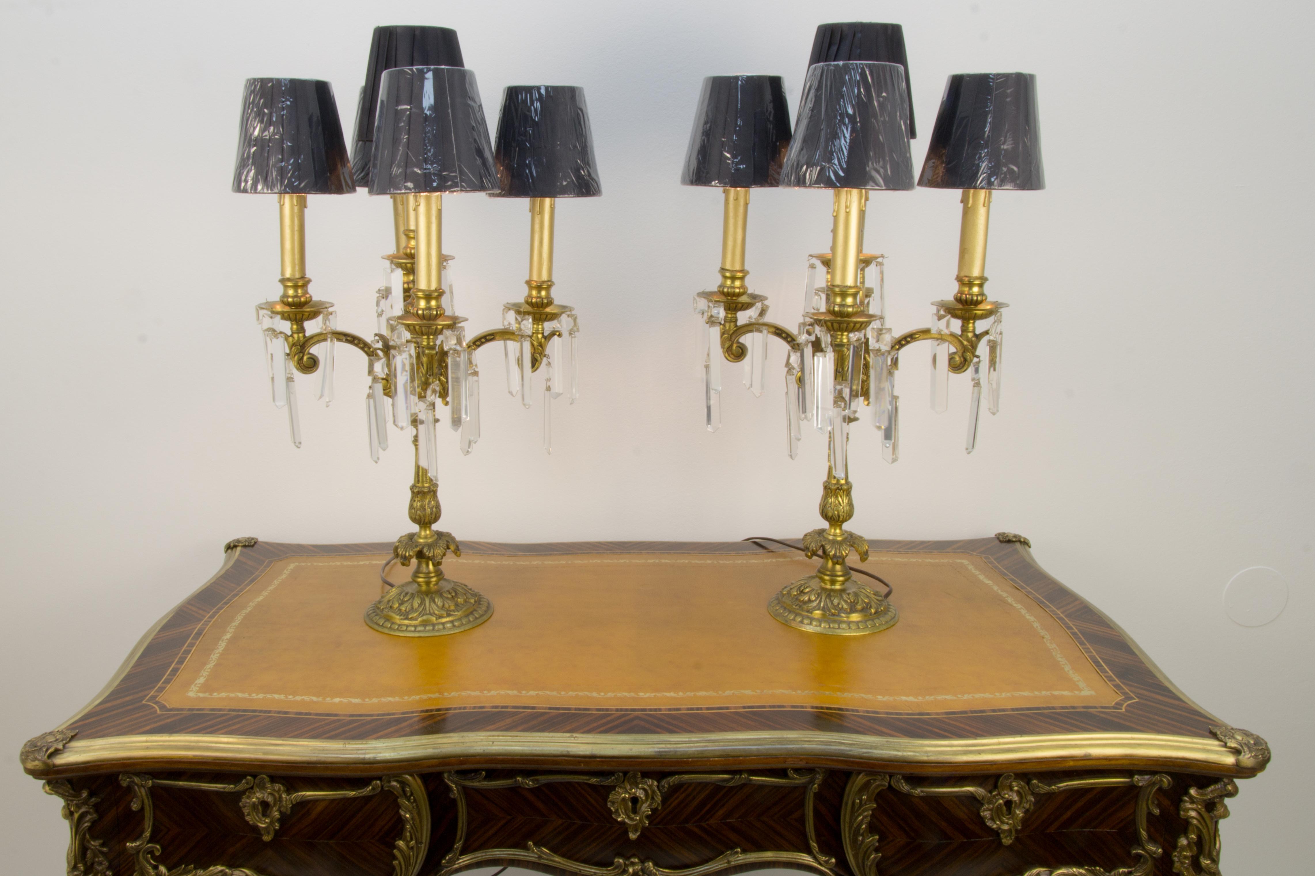 Pair of French Louis XVI Style Bronze and Crystal Candelabra Table Lamps In Good Condition In Barntrup, DE