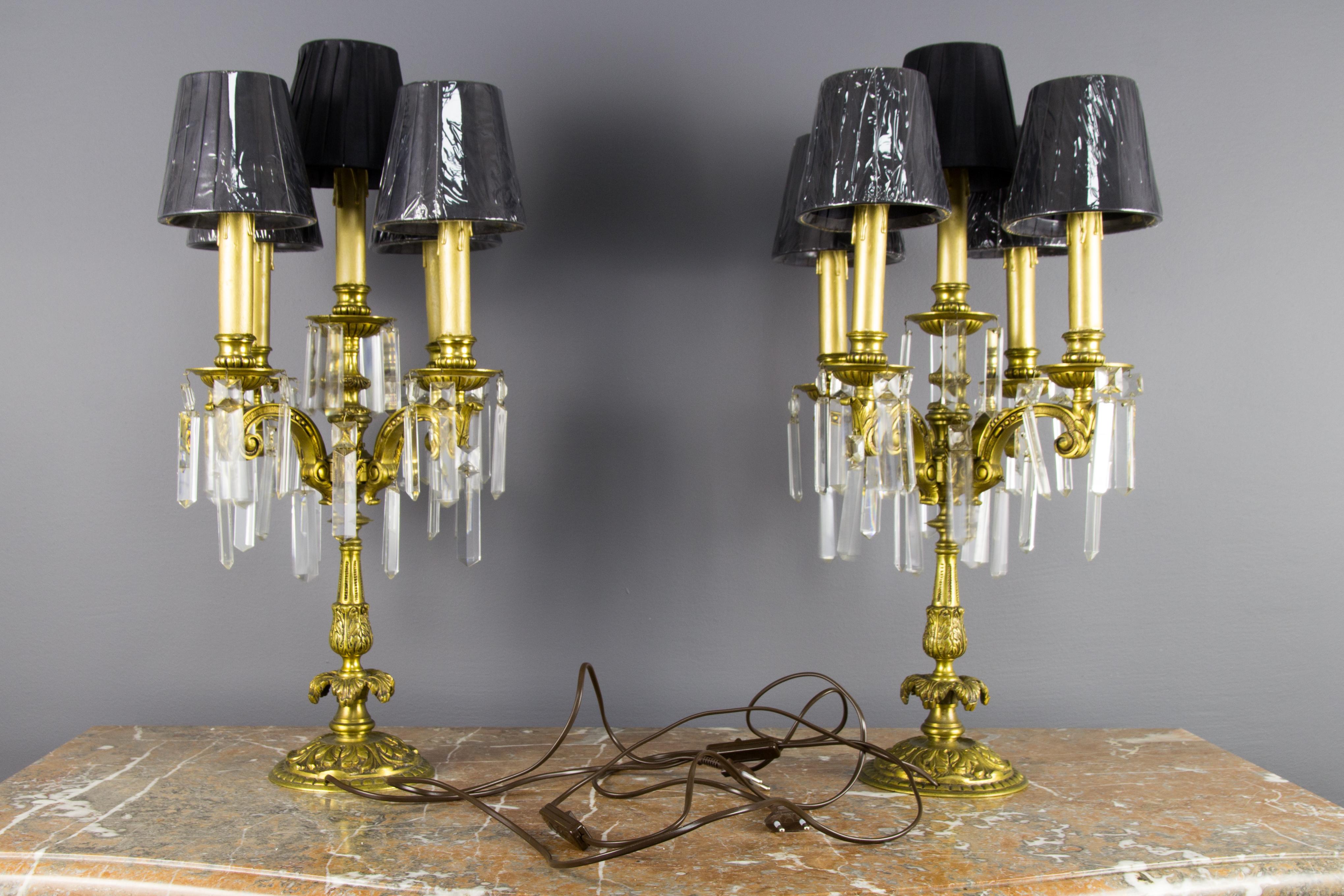 Pair of French Louis XVI Style Bronze and Crystal Candelabra Table Lamps 1