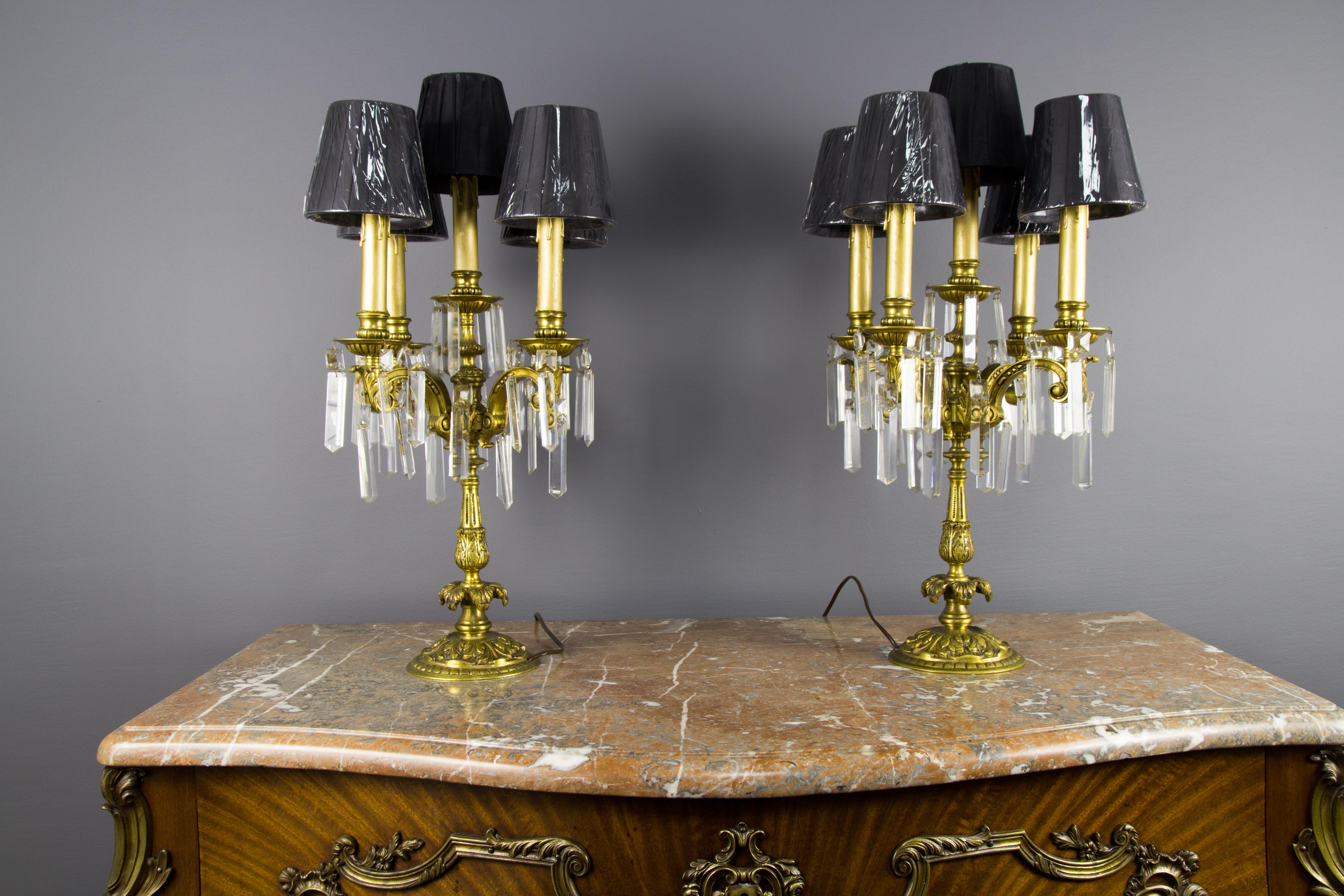 Pair of French Louis XVI Style Bronze and Crystal Candelabra Table Lamps 2
