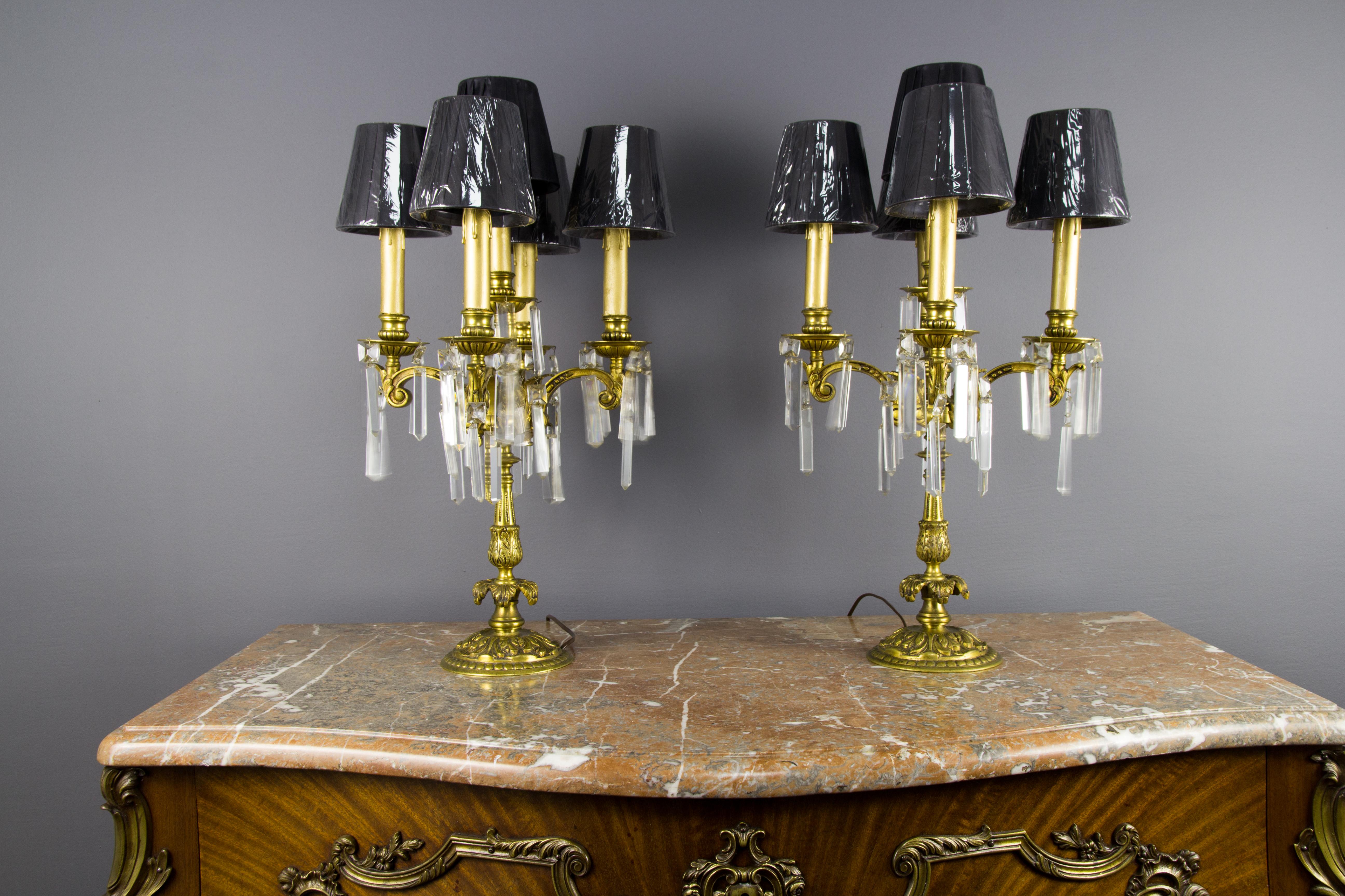 Pair of French Louis XVI Style Bronze and Crystal Candelabra Table Lamps 3