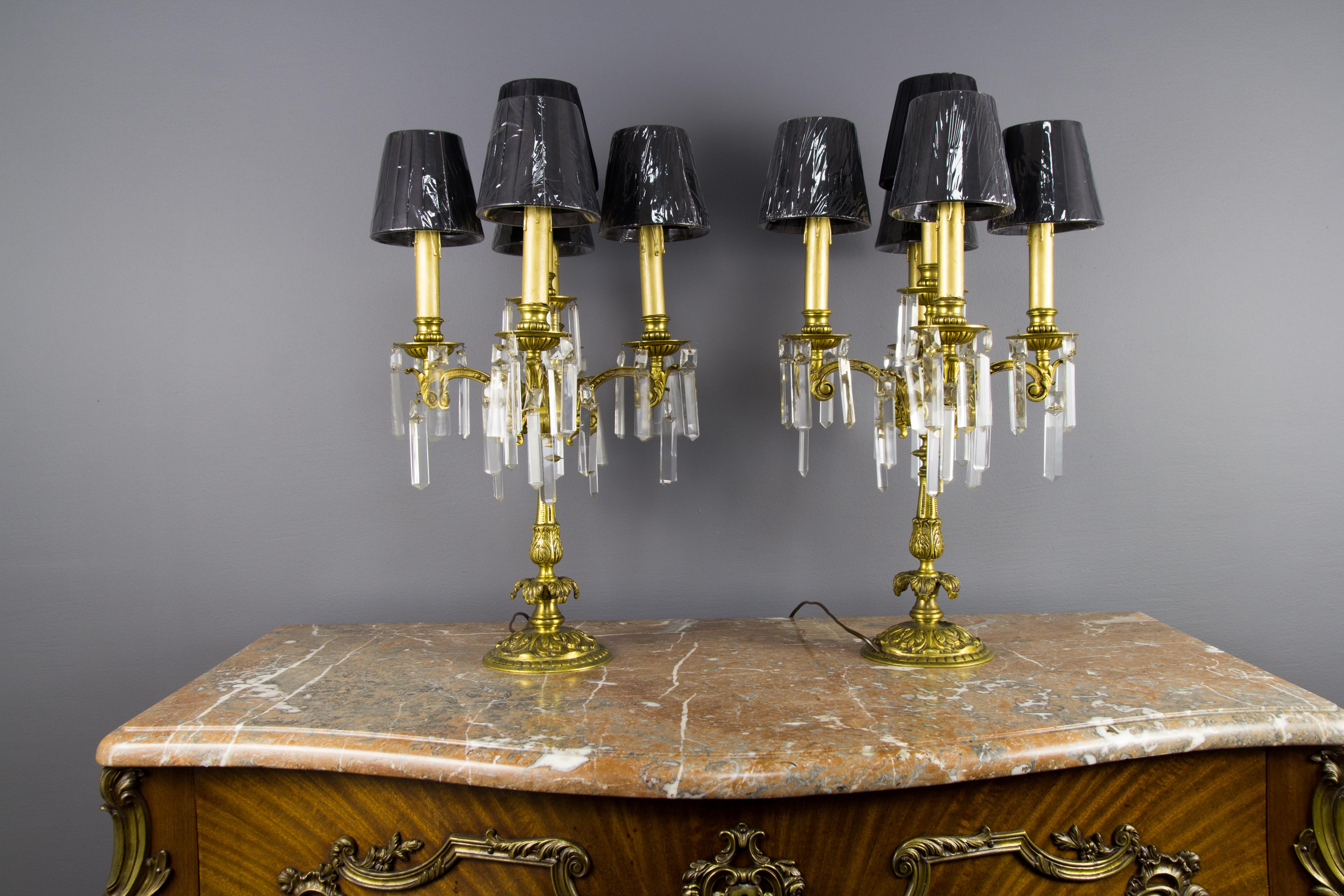 Pair of French Louis XVI Style Bronze and Crystal Candelabra Table Lamps 4