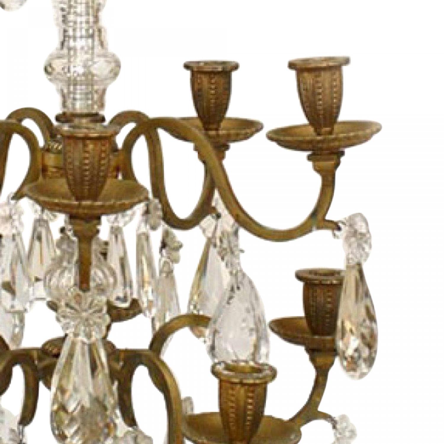 Pair of French Louis XVI Style Bronze and Crystal Candelabras (Patiniert) im Angebot
