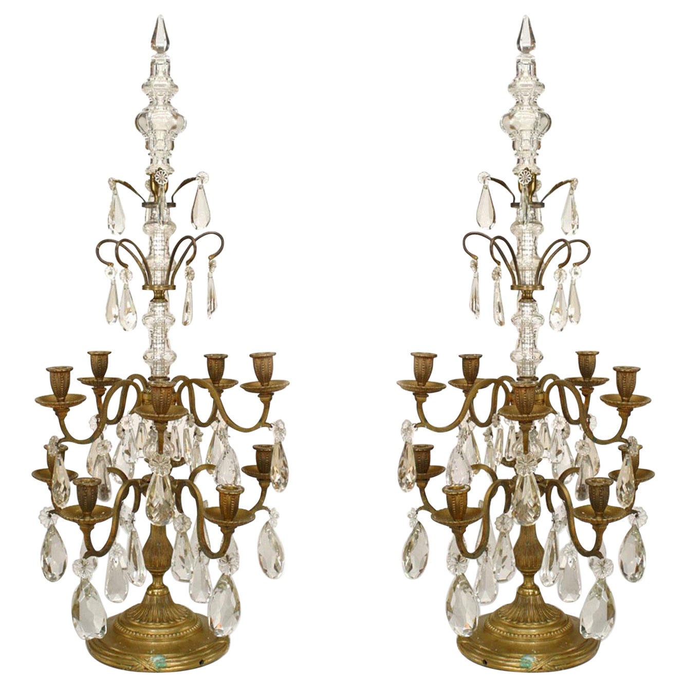 Pair of French Louis XVI Style Bronze and Crystal Candelabras