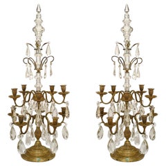 Pair of French Louis XVI Style Bronze and Crystal Candelabras