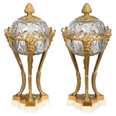 Antique Pair of French Louis XVI Style Bronze and Cut Crystal Garniture Vases Covers